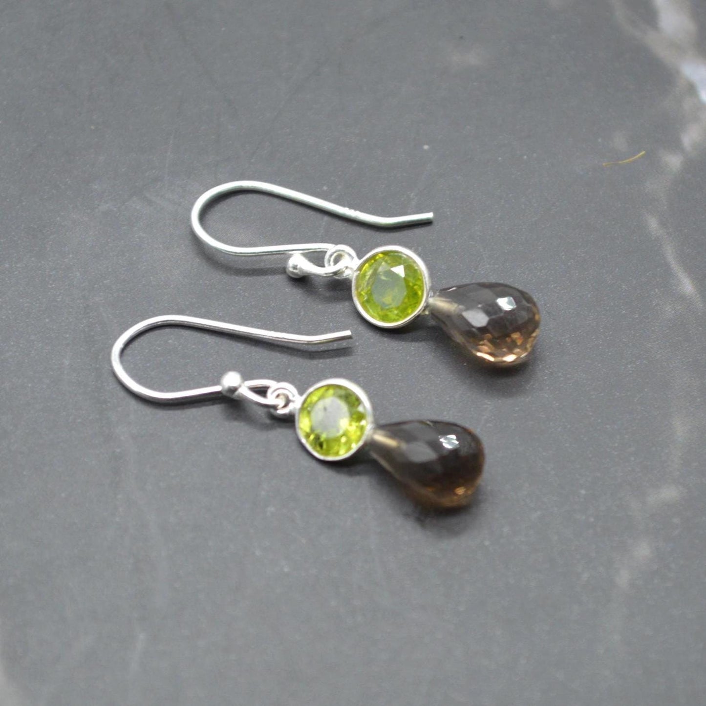 Smoky Quartz Peridot Earrings: Gold or Silver, Minimalist Dangle Drop, August Birthstone