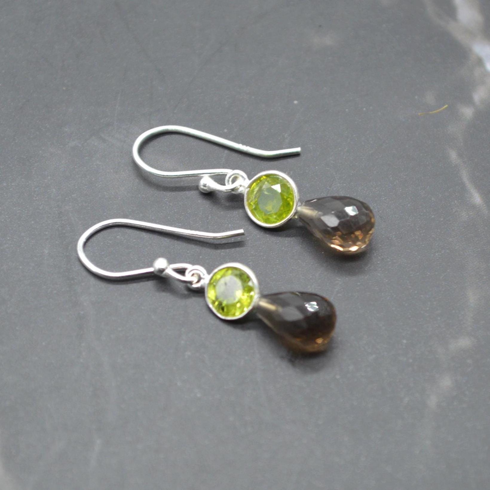 Smoky Quartz Peridot Earrings: Gold or Silver, Minimalist Dangle Drop, August Birthstone