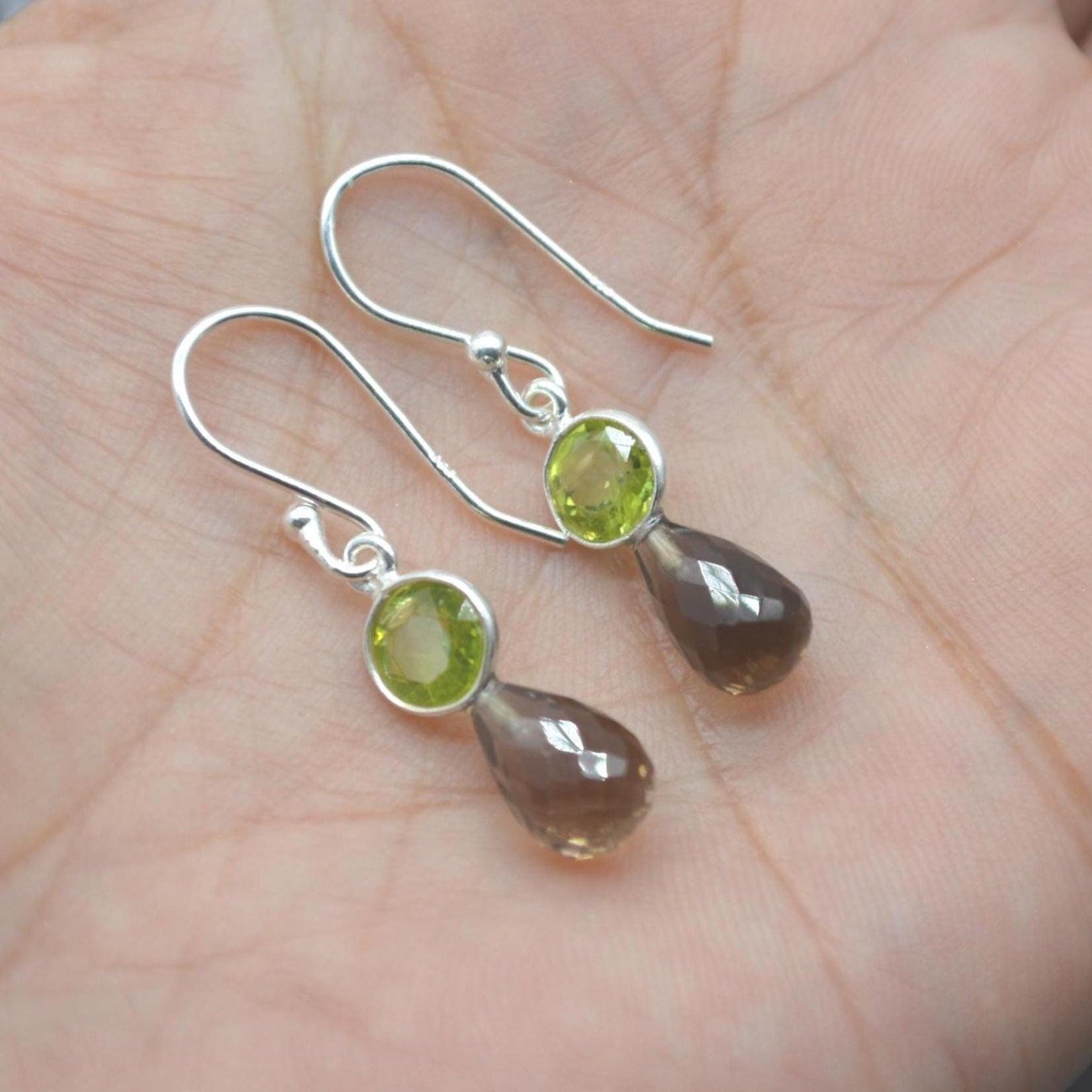 Smoky Quartz Peridot Earrings: Gold or Silver, Minimalist Dangle Drop, August Birthstone