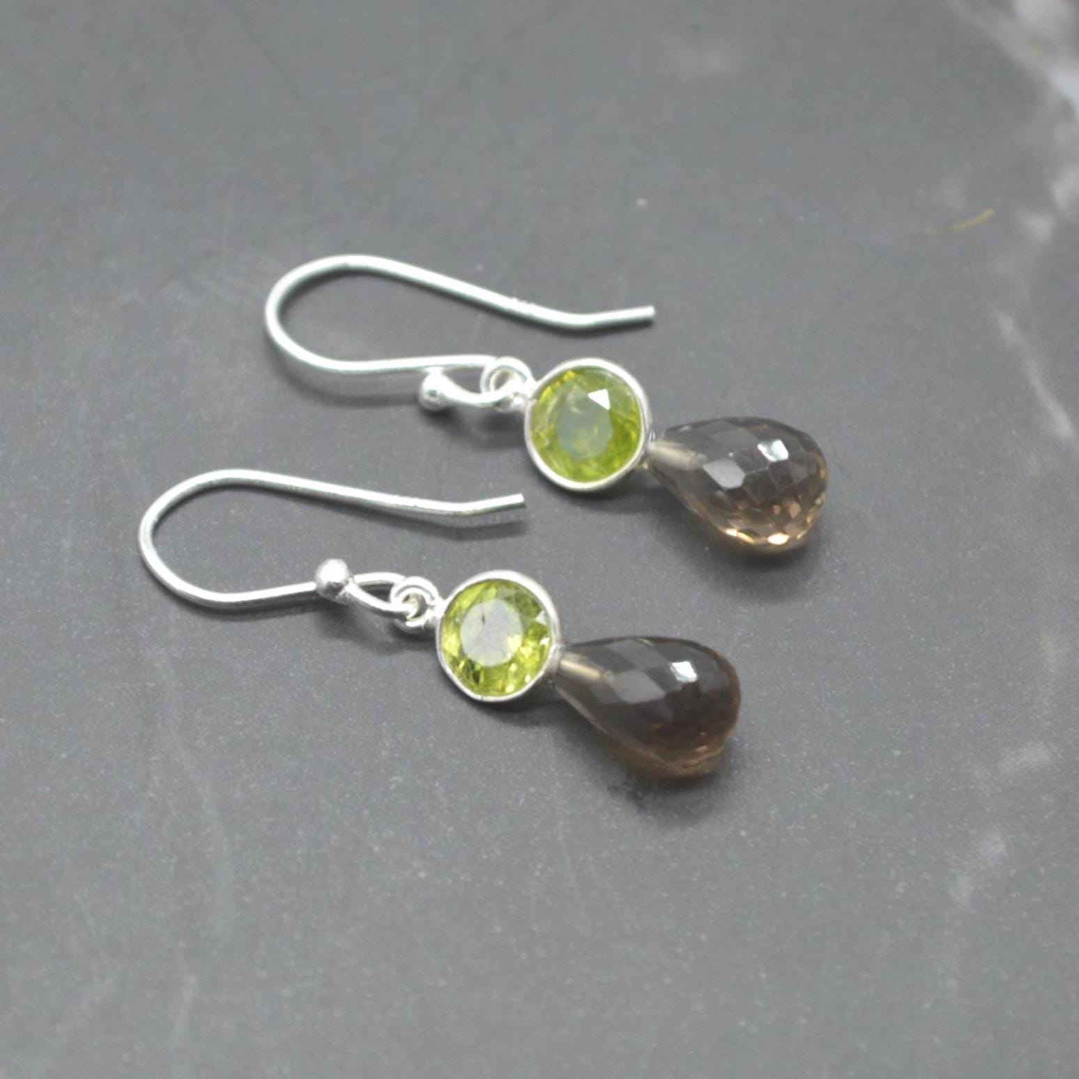 Smoky Quartz Peridot Earrings: Gold or Silver, Minimalist Dangle Drop, August Birthstone