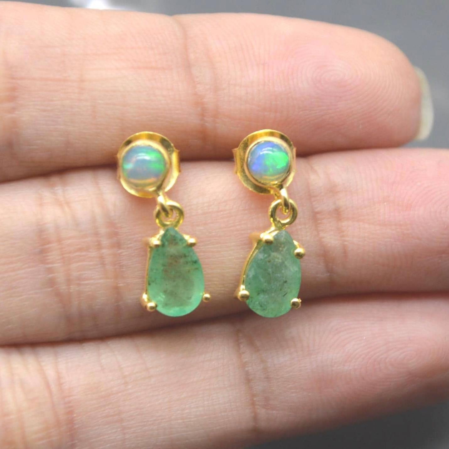 Opal Emerald Earrings: Gold or Silver, May October Birthstone, Green Gemstone Drop