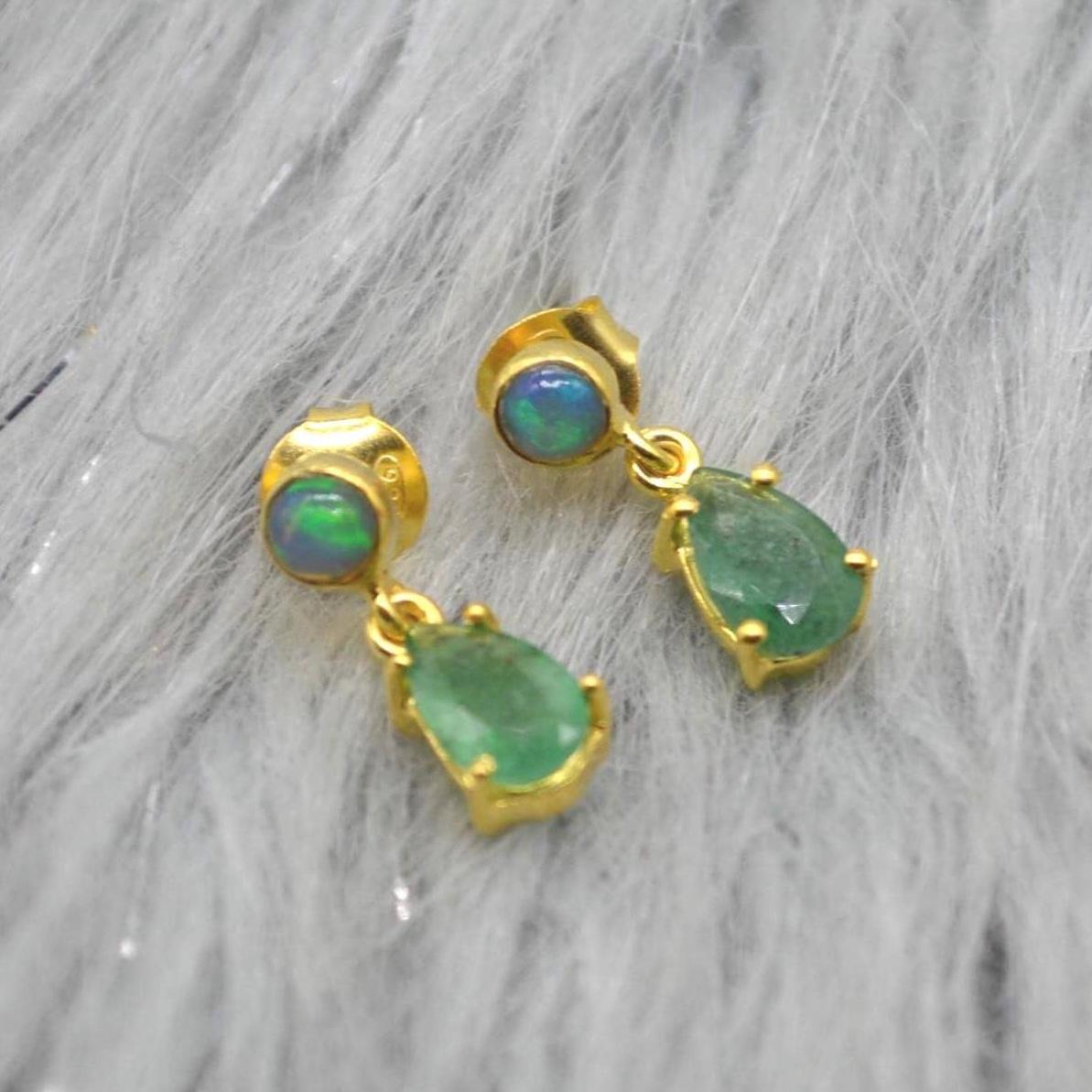 Opal Emerald Earrings: Gold or Silver, May October Birthstone, Green Gemstone Drop