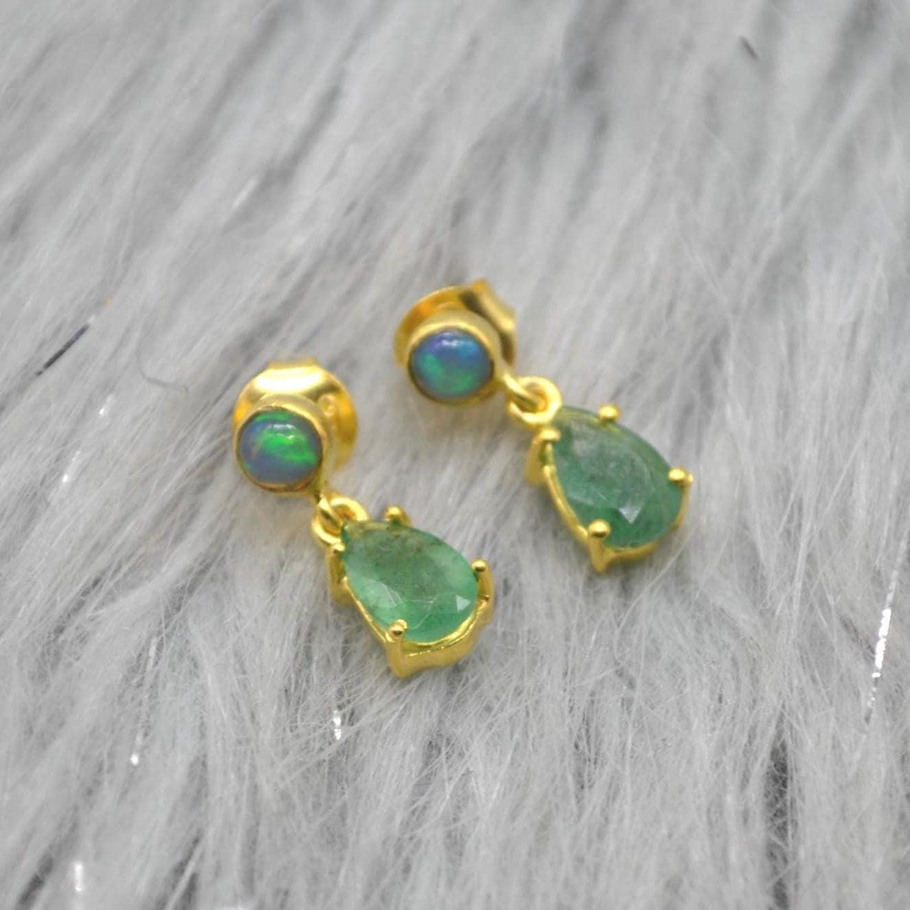 Opal Emerald Earrings: Gold or Silver, May October Birthstone, Green Gemstone Drop