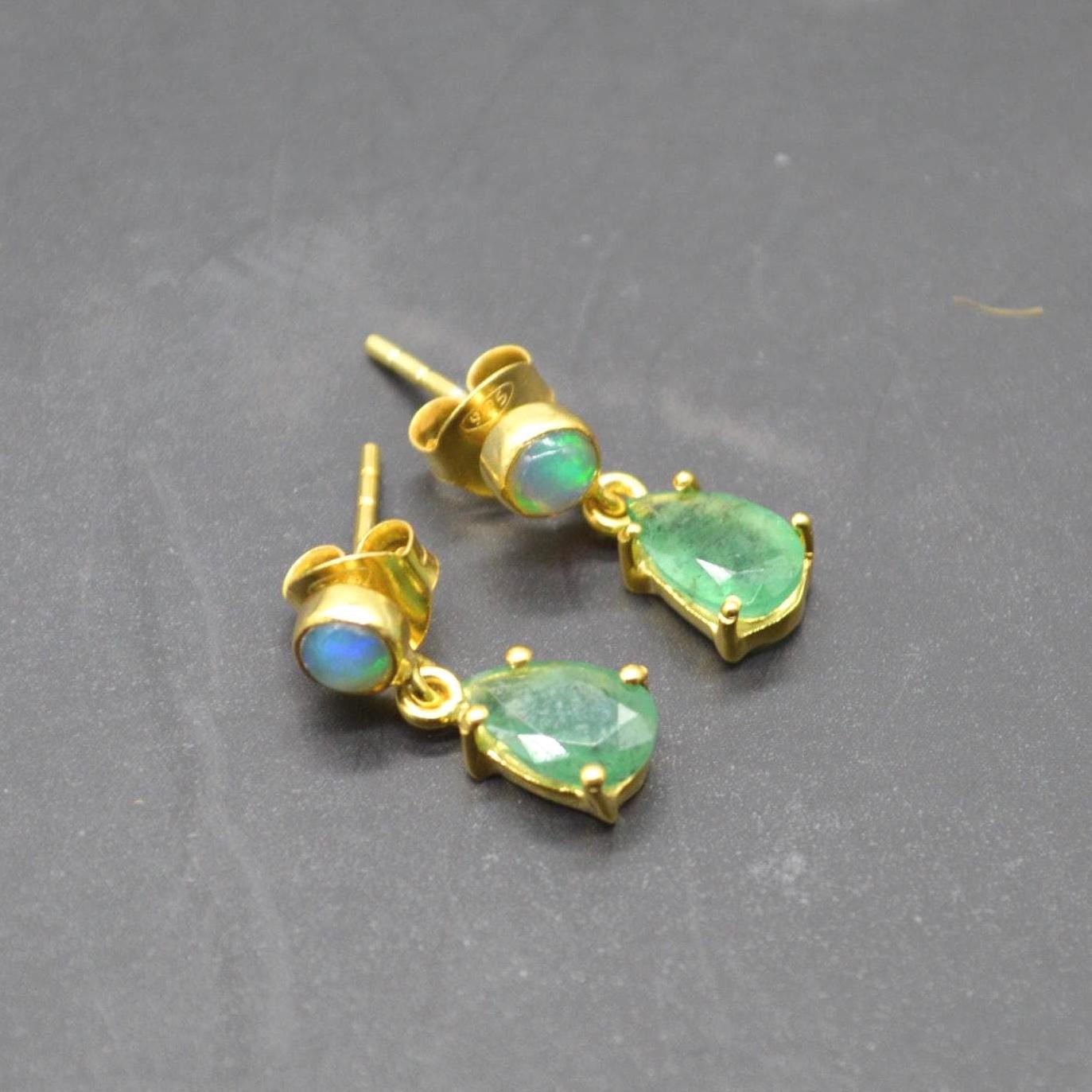 Opal Emerald Earrings: Gold or Silver, May October Birthstone, Green Gemstone Drop