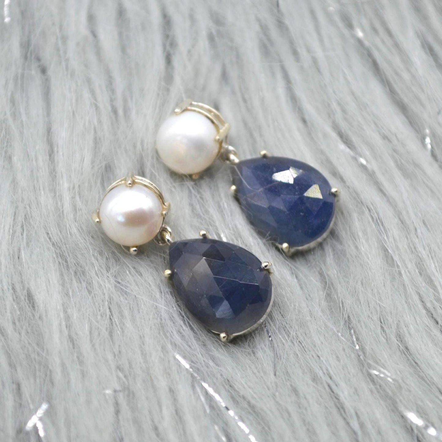 Pearl Sapphire Drop Earrings: Silver, Blue Pink or Green, Teardrop, September June Birthstone Jewelry