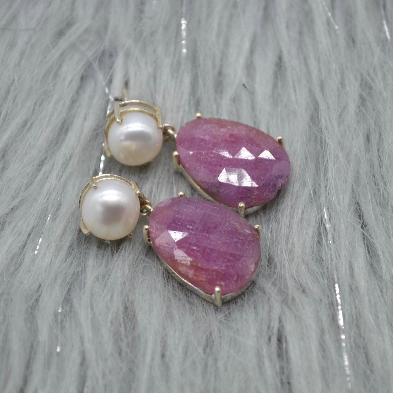 Pearl Sapphire Drop Earrings: Silver, Blue Pink or Green, Teardrop, September June Birthstone Jewelry