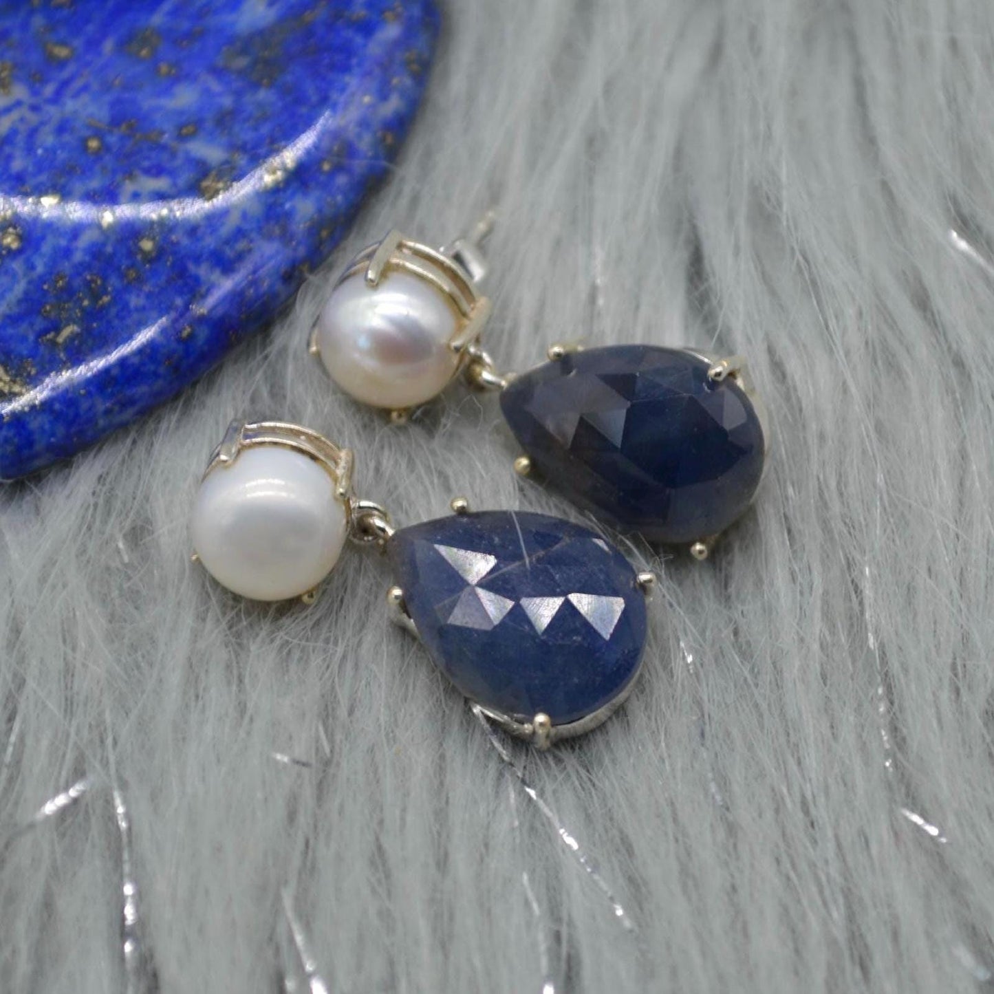 Pearl Sapphire Drop Earrings: Silver, Blue Pink or Green, Teardrop, September June Birthstone Jewelry