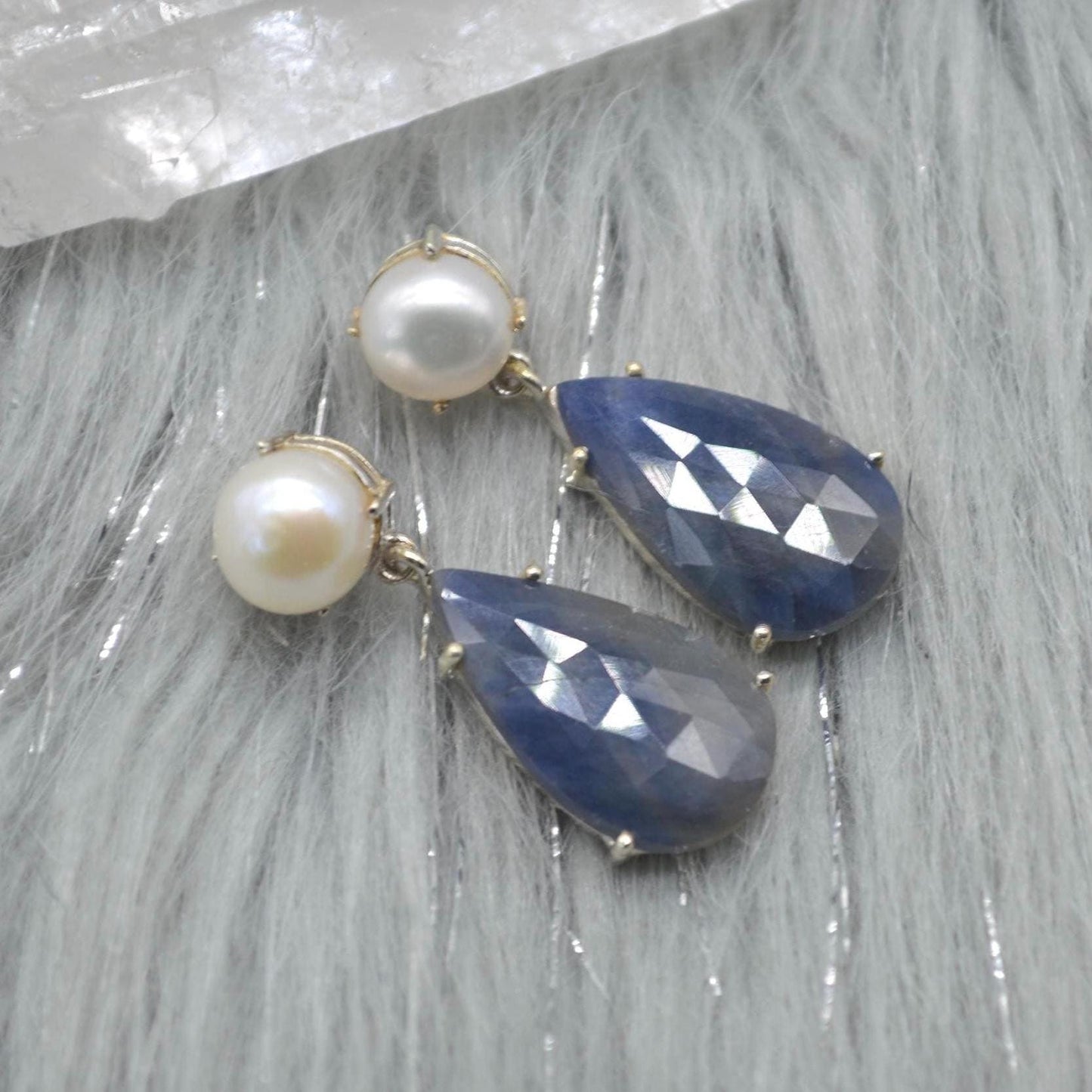 Pearl Sapphire Drop Earrings: Silver, Blue Pink or Green, Teardrop, September June Birthstone Jewelry