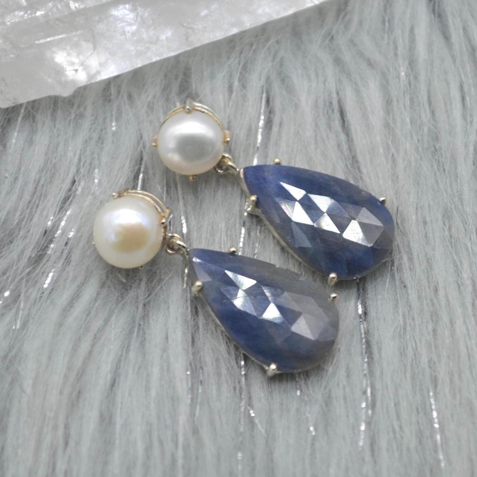 Pearl Sapphire Drop Earrings: Silver, Blue Pink or Green, Teardrop, September June Birthstone Jewelry