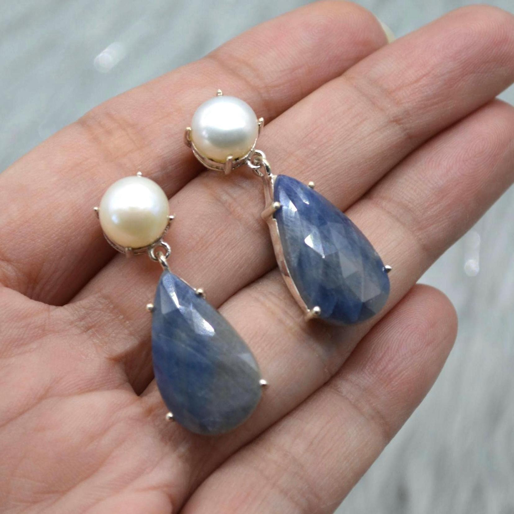 Pearl Sapphire Drop Earrings: Silver, Blue Pink or Green, Teardrop, September June Birthstone Jewelry