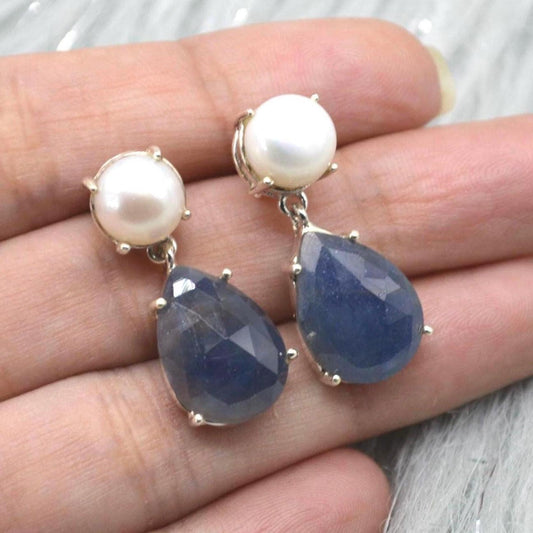 Pearl Sapphire Drop Earrings: Silver, Blue Pink or Green, Teardrop, September June Birthstone Jewelry
