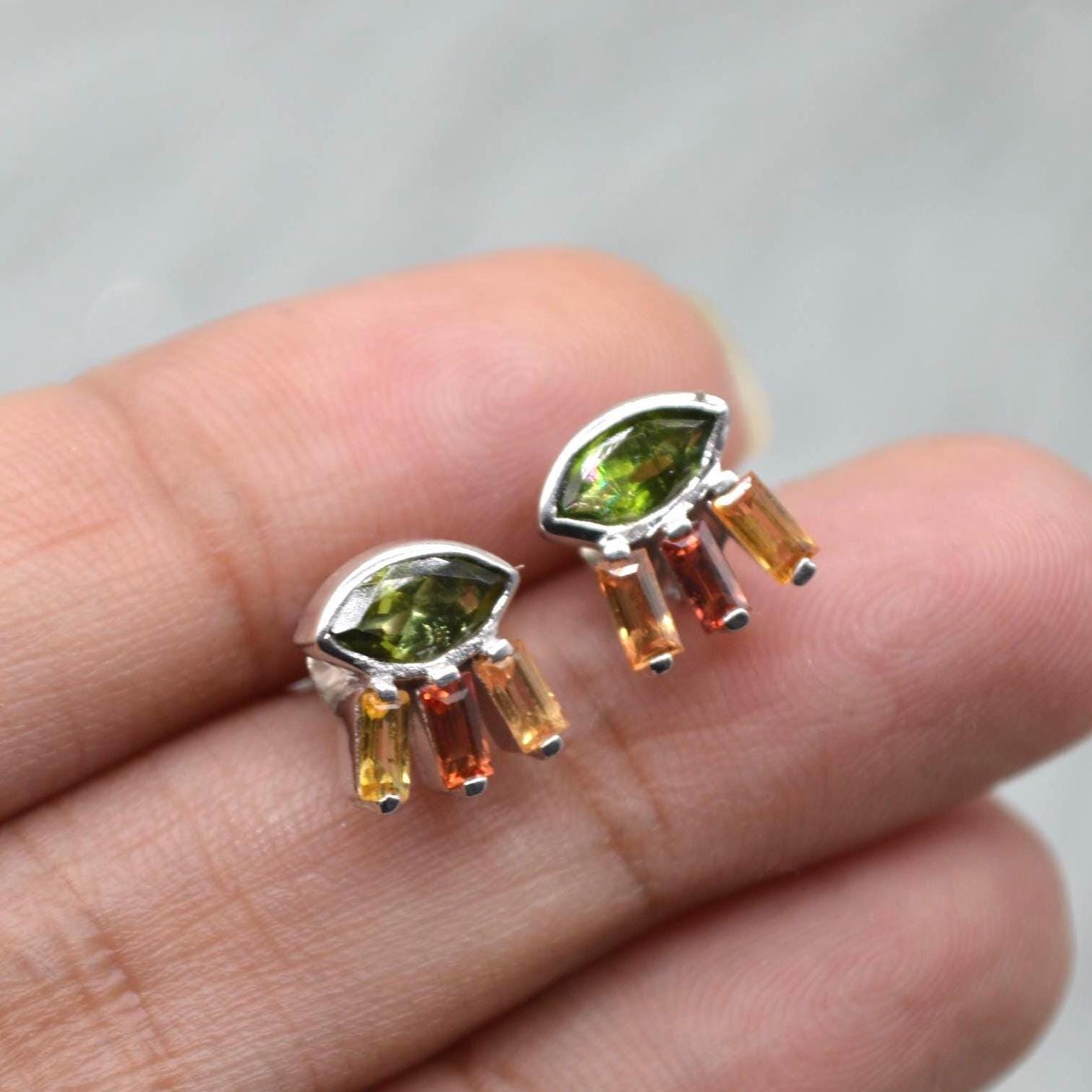 Green Tourmaline Stud Earrings: Silver, Red, Orange Tournaline Drop, October Birthstone
