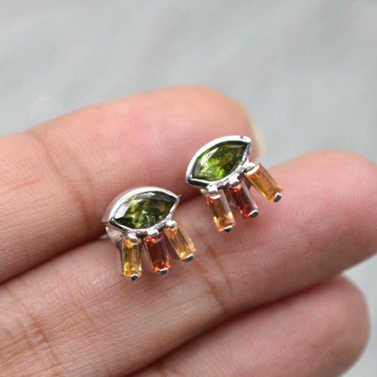 Green Tourmaline Stud Earrings: Silver, Red, Orange Tournaline Drop, October Birthstone