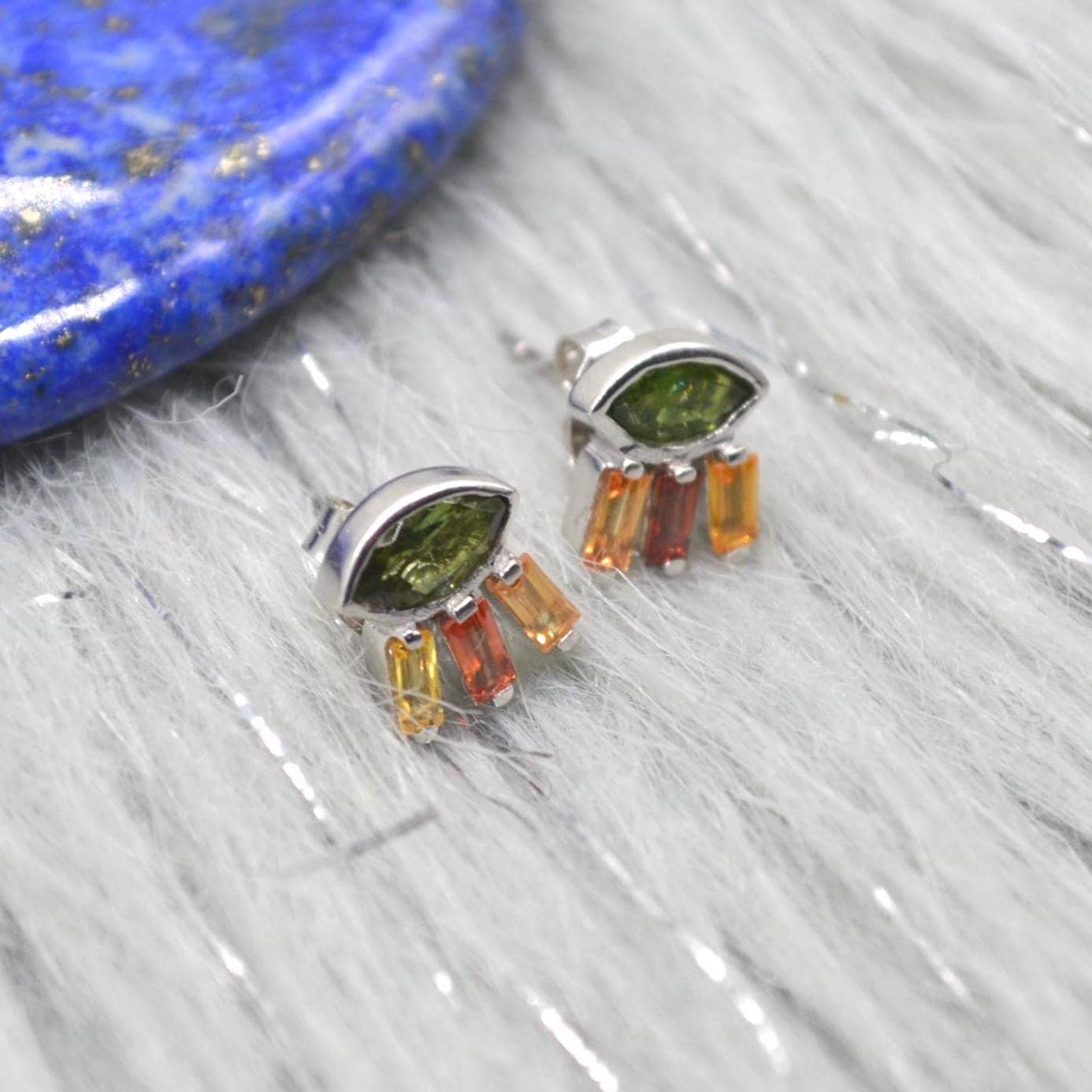 Green Tourmaline Stud Earrings: Silver, Red, Orange Tournaline Drop, October Birthstone