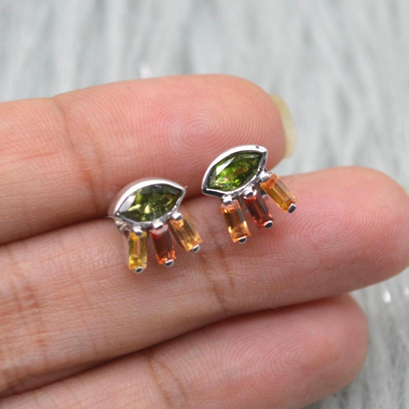 Green Tourmaline Stud Earrings: Silver, Red, Orange Tournaline Drop, October Birthstone