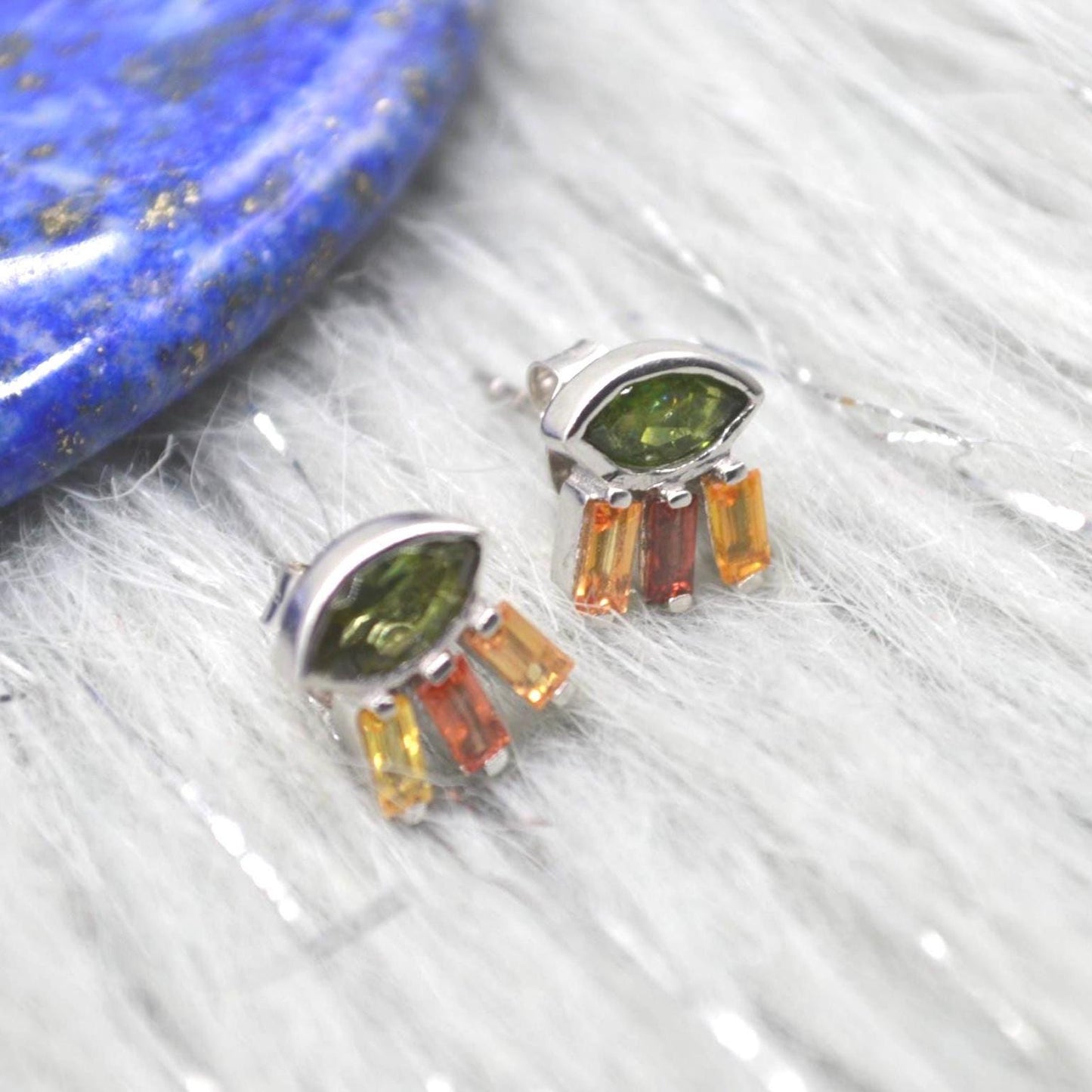 Green Tourmaline Stud Earrings: Silver, Red, Orange Tournaline Drop, October Birthstone