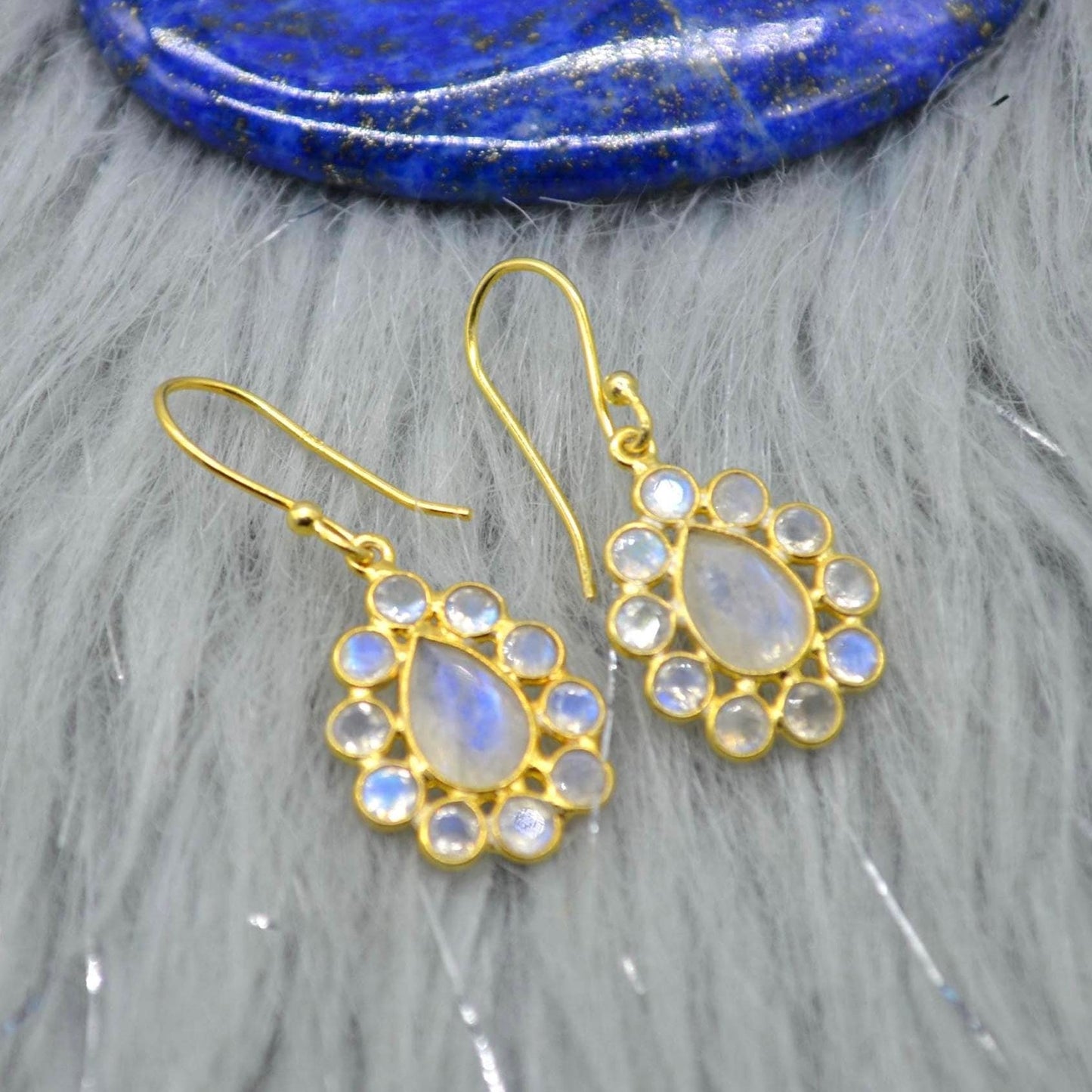 Floral Rainbow Moonstone Earrings: Silver or Gold, White Gemstone, Dangle Drop Jewelry