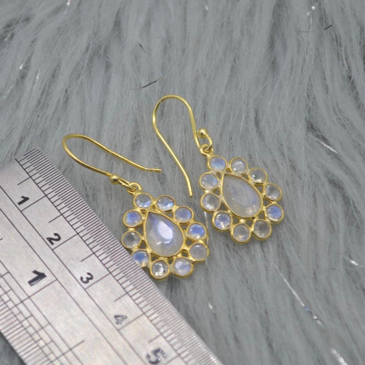 Floral Rainbow Moonstone Earrings: Silver or Gold, White Gemstone, Dangle Drop Jewelry