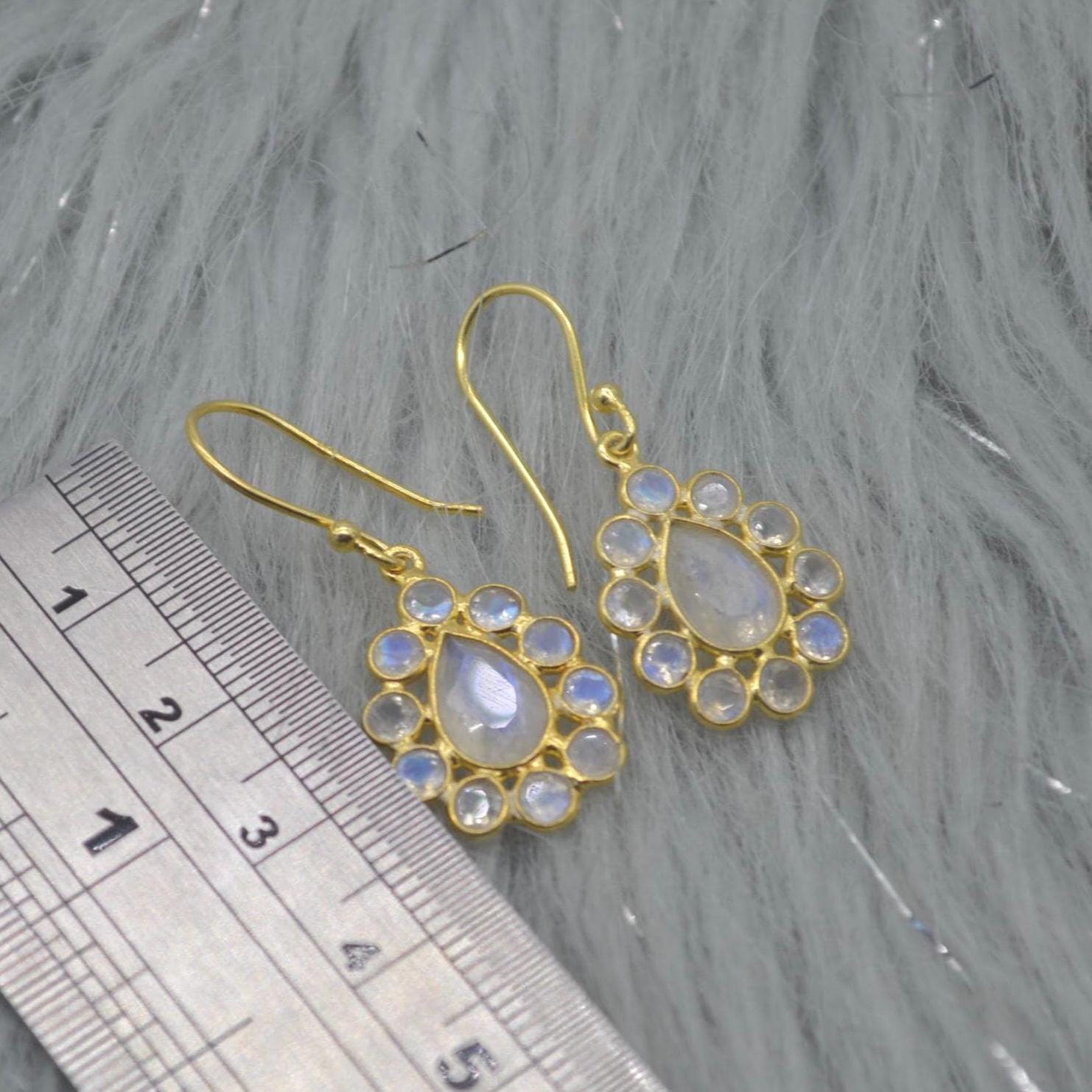 Floral Rainbow Moonstone Earrings: Silver or Gold, White Gemstone, Dangle Drop Jewelry
