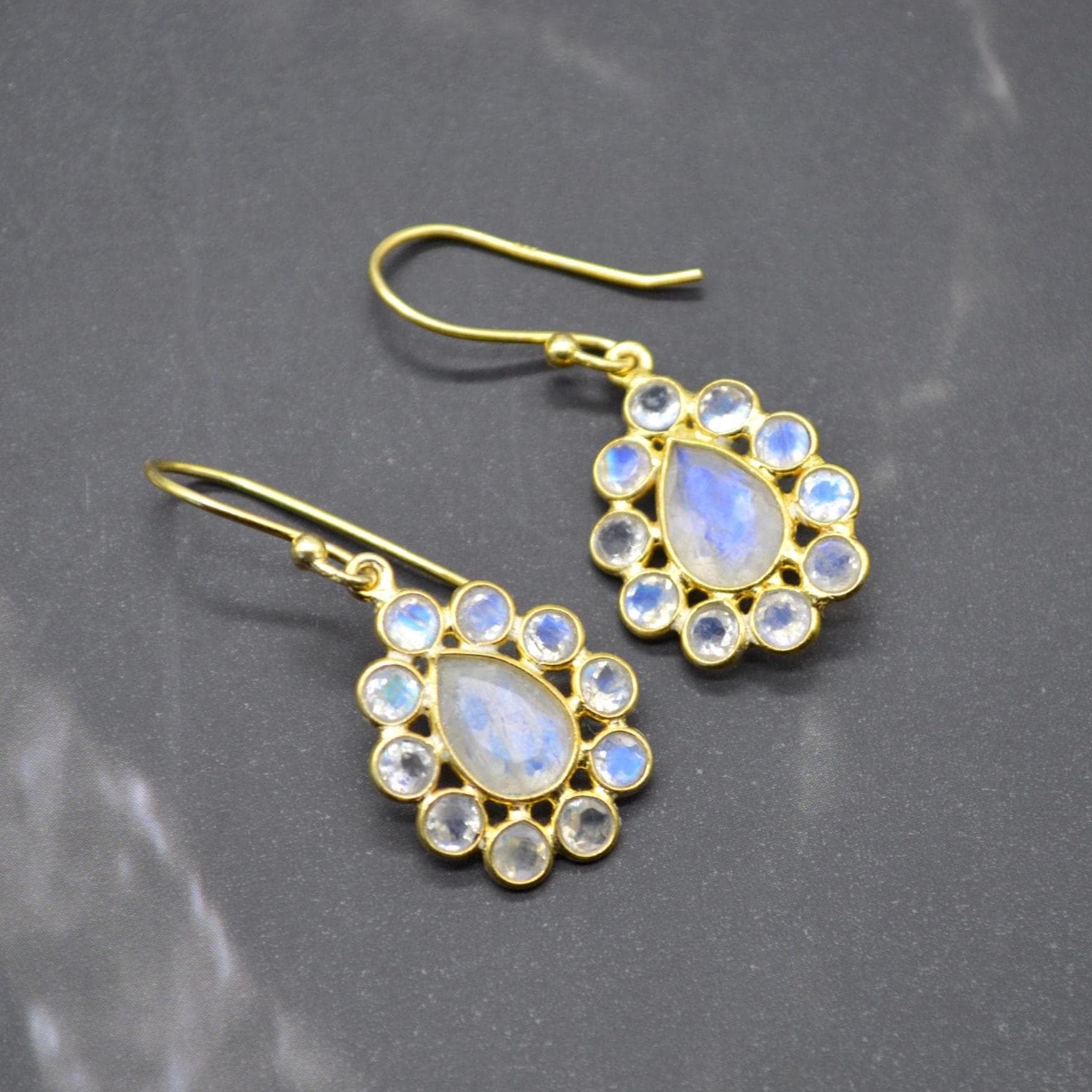 Floral Rainbow Moonstone Earrings: Silver or Gold, White Gemstone, Dangle Drop Jewelry