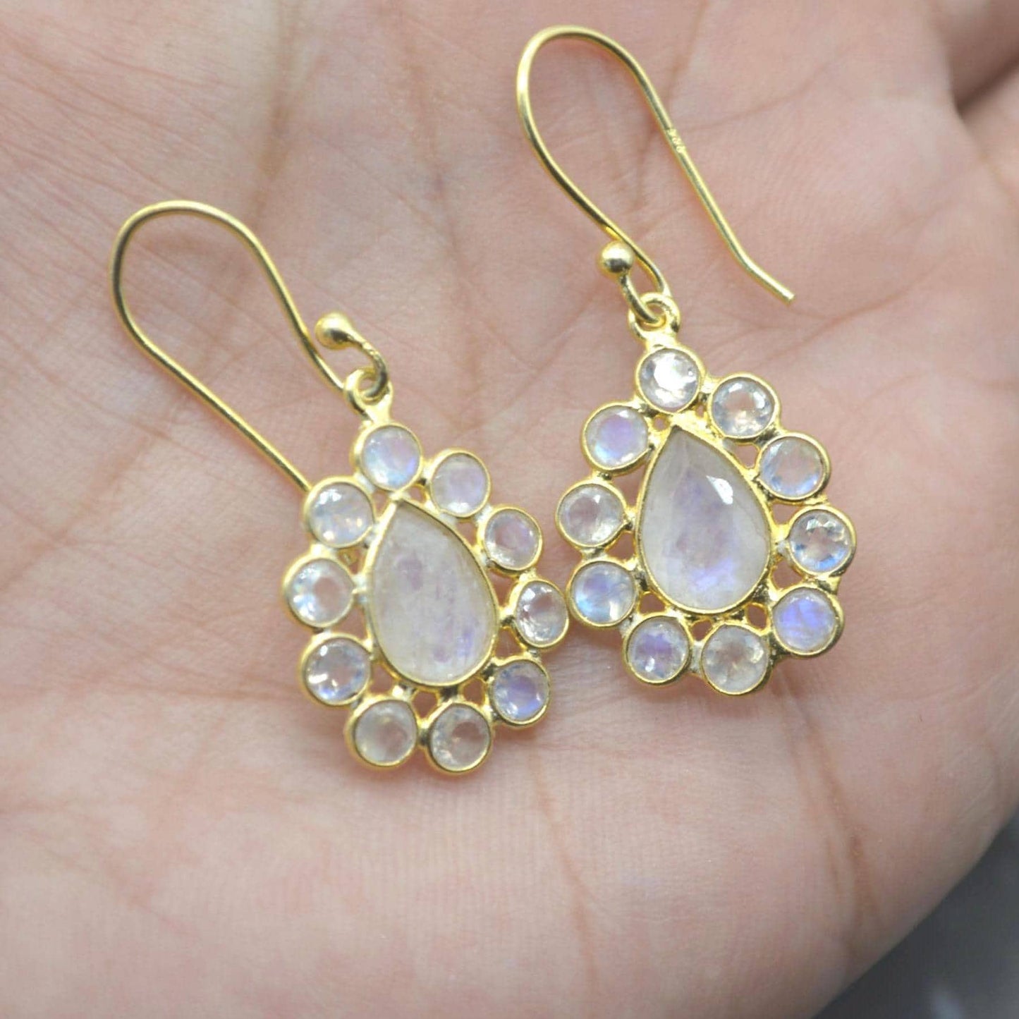 Floral Rainbow Moonstone Earrings: Silver or Gold, White Gemstone, Dangle Drop Jewelry