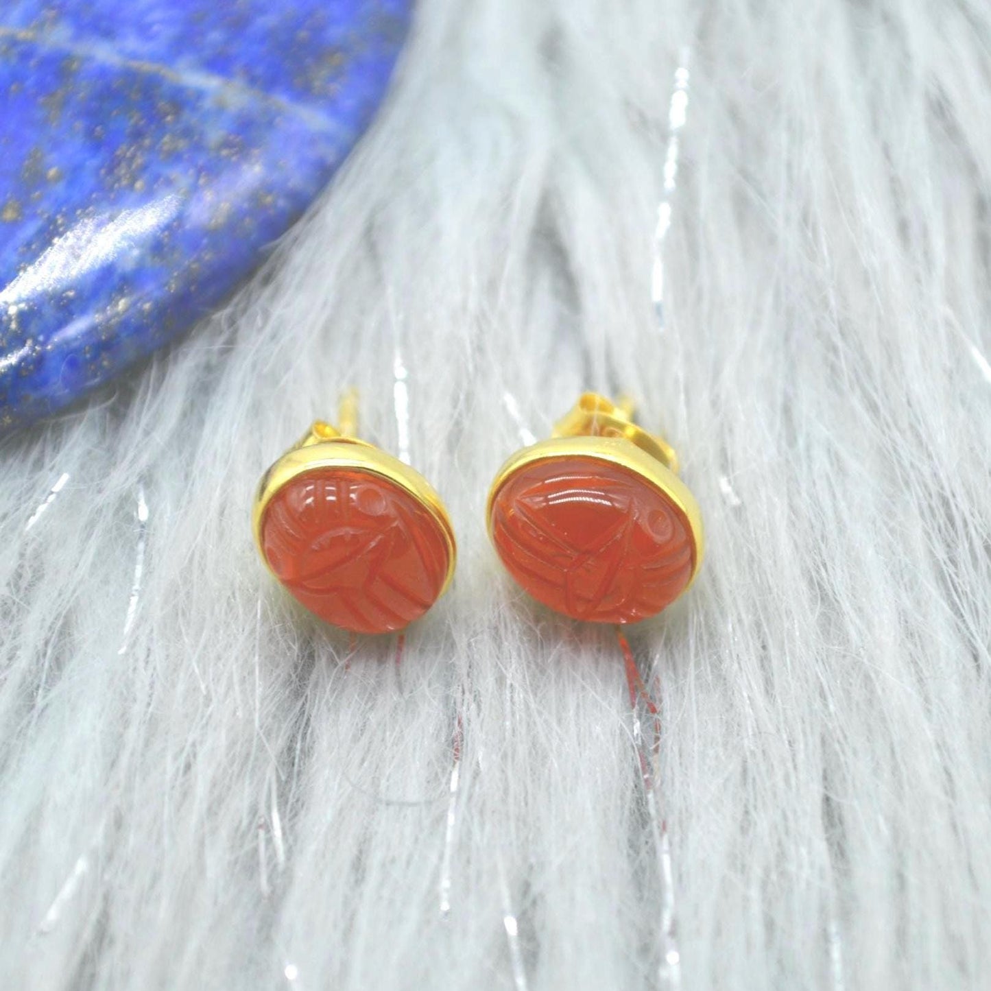Carnelian Stud Earrings: Silver or Gold, Minimalist Oval Orange Gemstone Stud