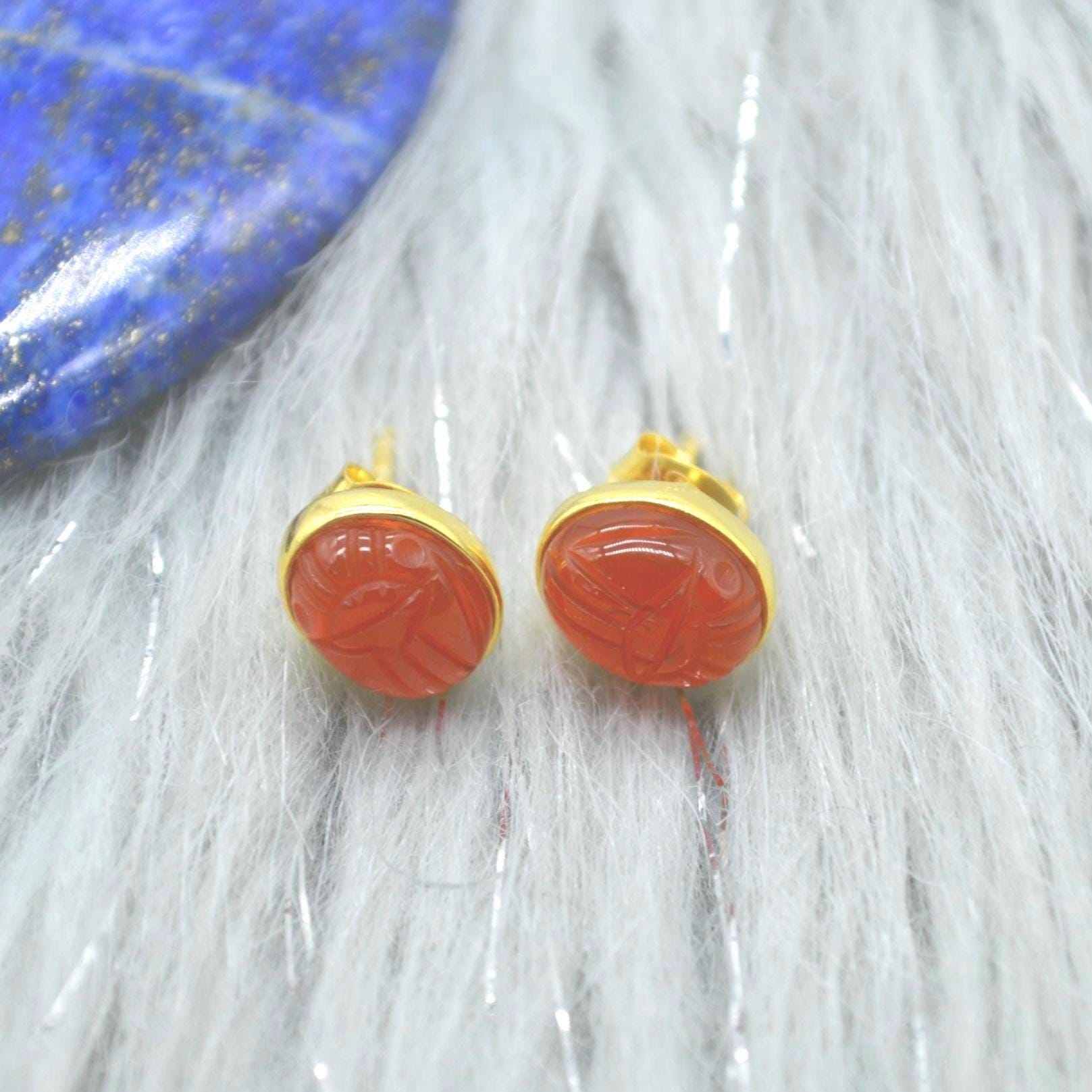 Carnelian Stud Earrings: Silver or Gold, Minimalist Oval Orange Gemstone Stud