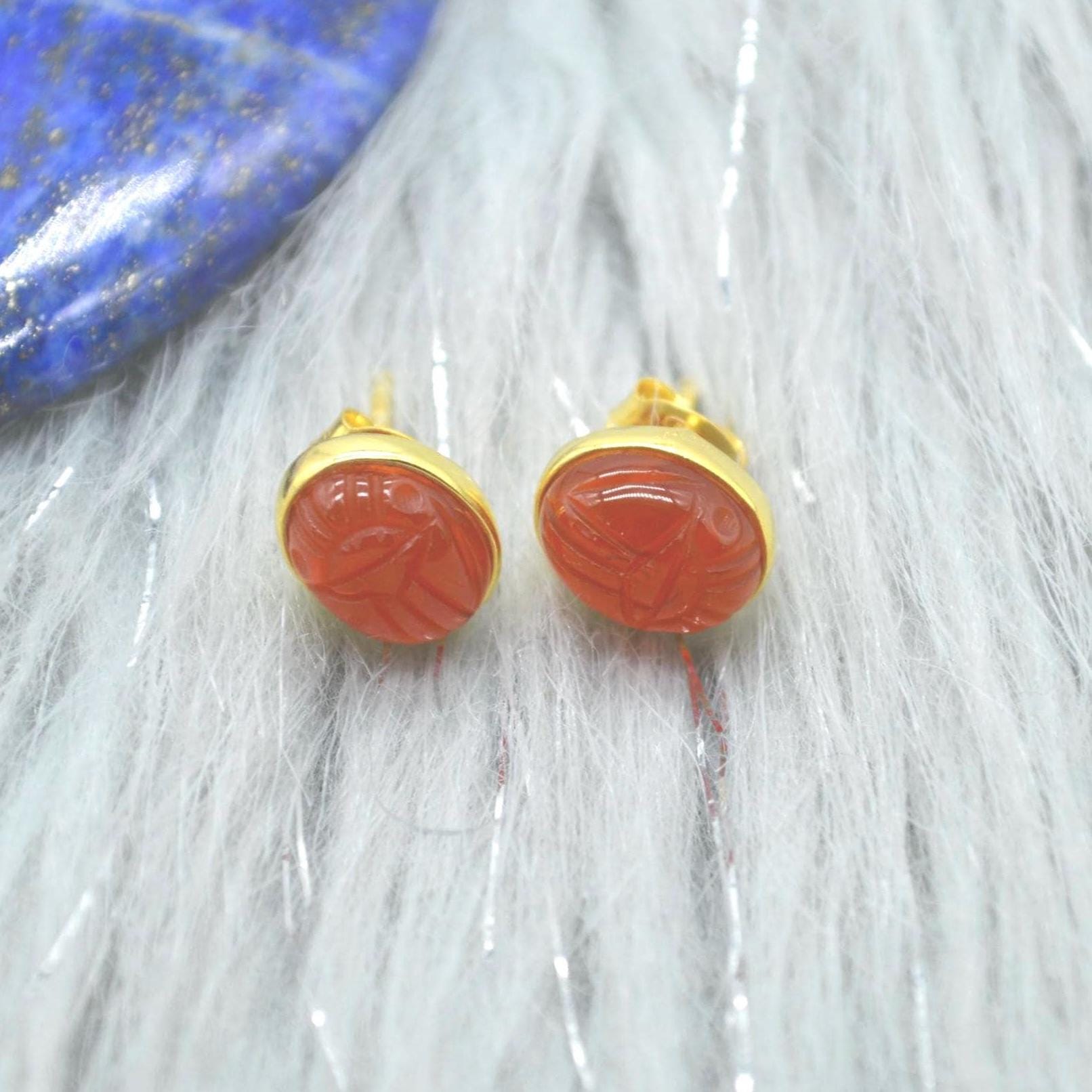 Carnelian Stud Earrings: Silver or Gold, Minimalist Oval Orange Gemstone Stud