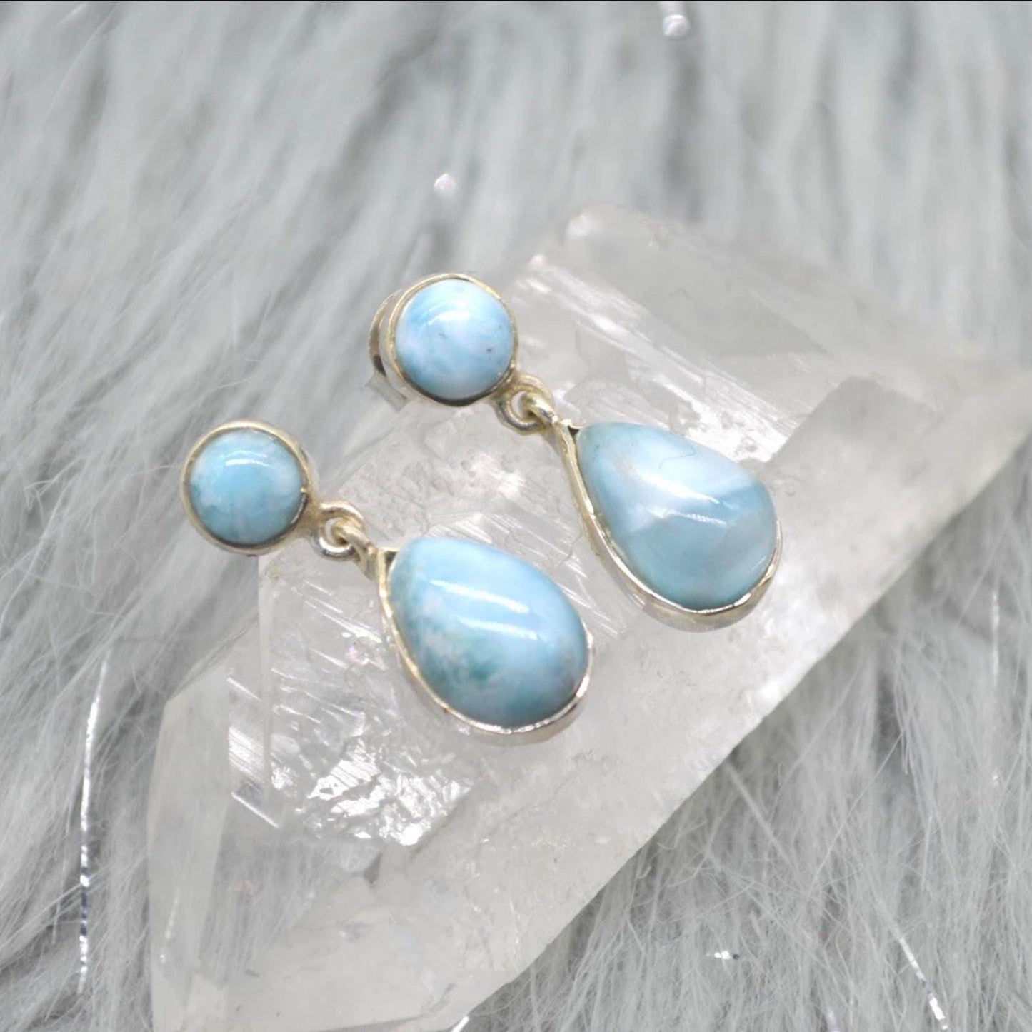 Larimar Earrings: Silver, Dangle Drop, Blue Gemstone Teardrop