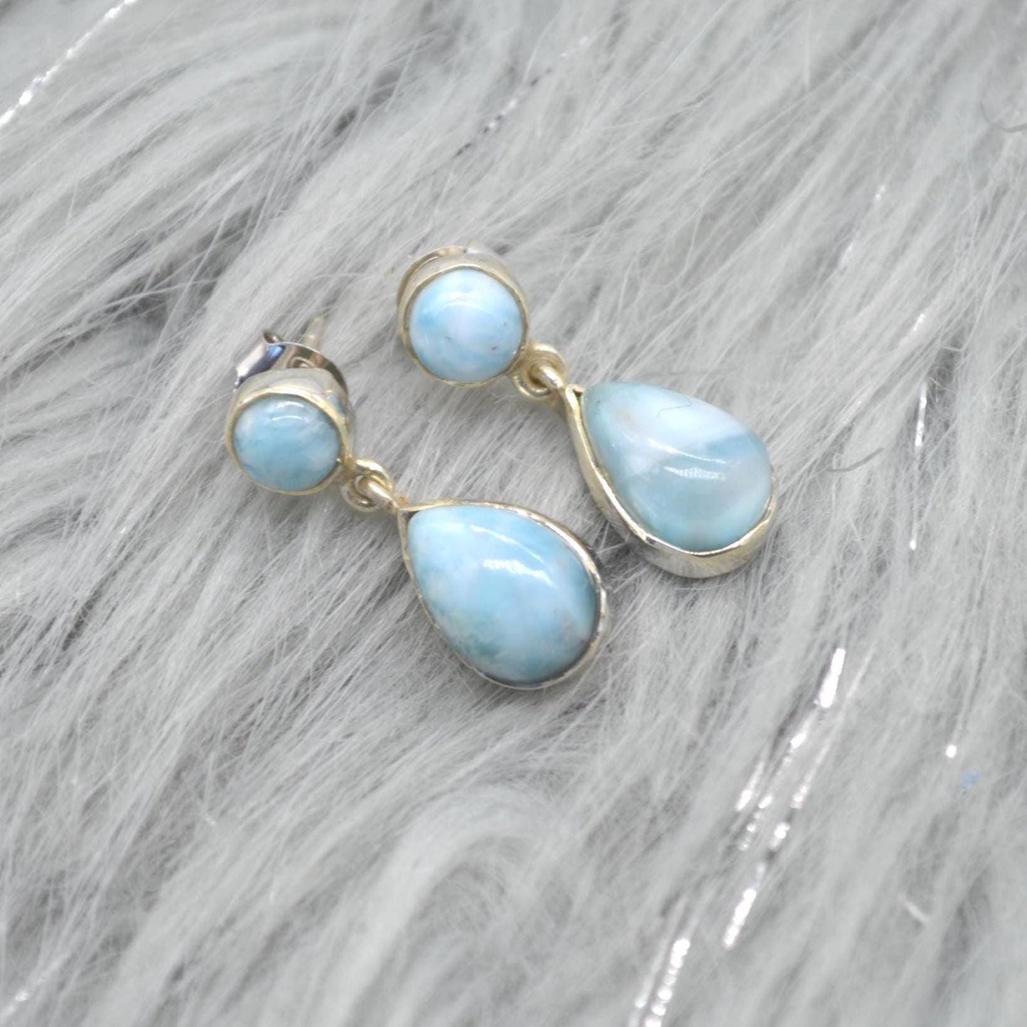 Larimar Earrings: Silver, Dangle Drop, Blue Gemstone Teardrop