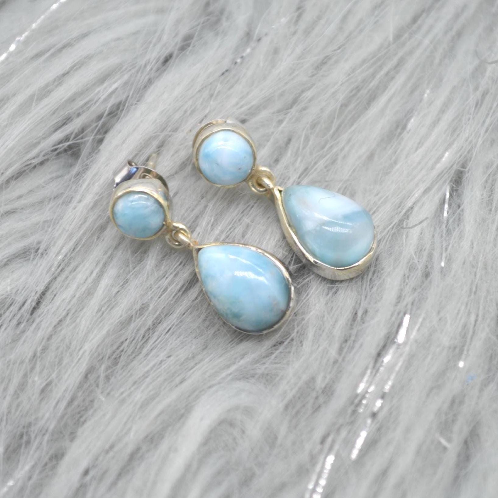 Larimar Earrings: Silver, Dangle Drop, Blue Gemstone Teardrop