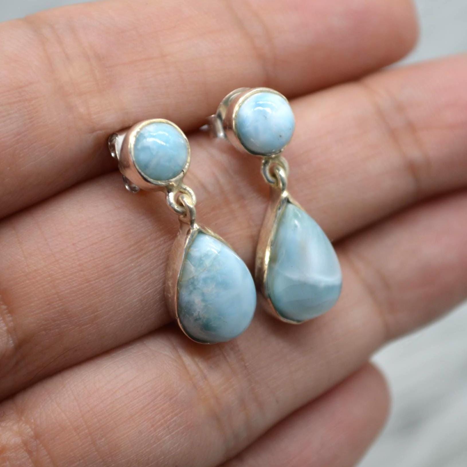 Larimar Earrings: Silver, Dangle Drop, Blue Gemstone Teardrop