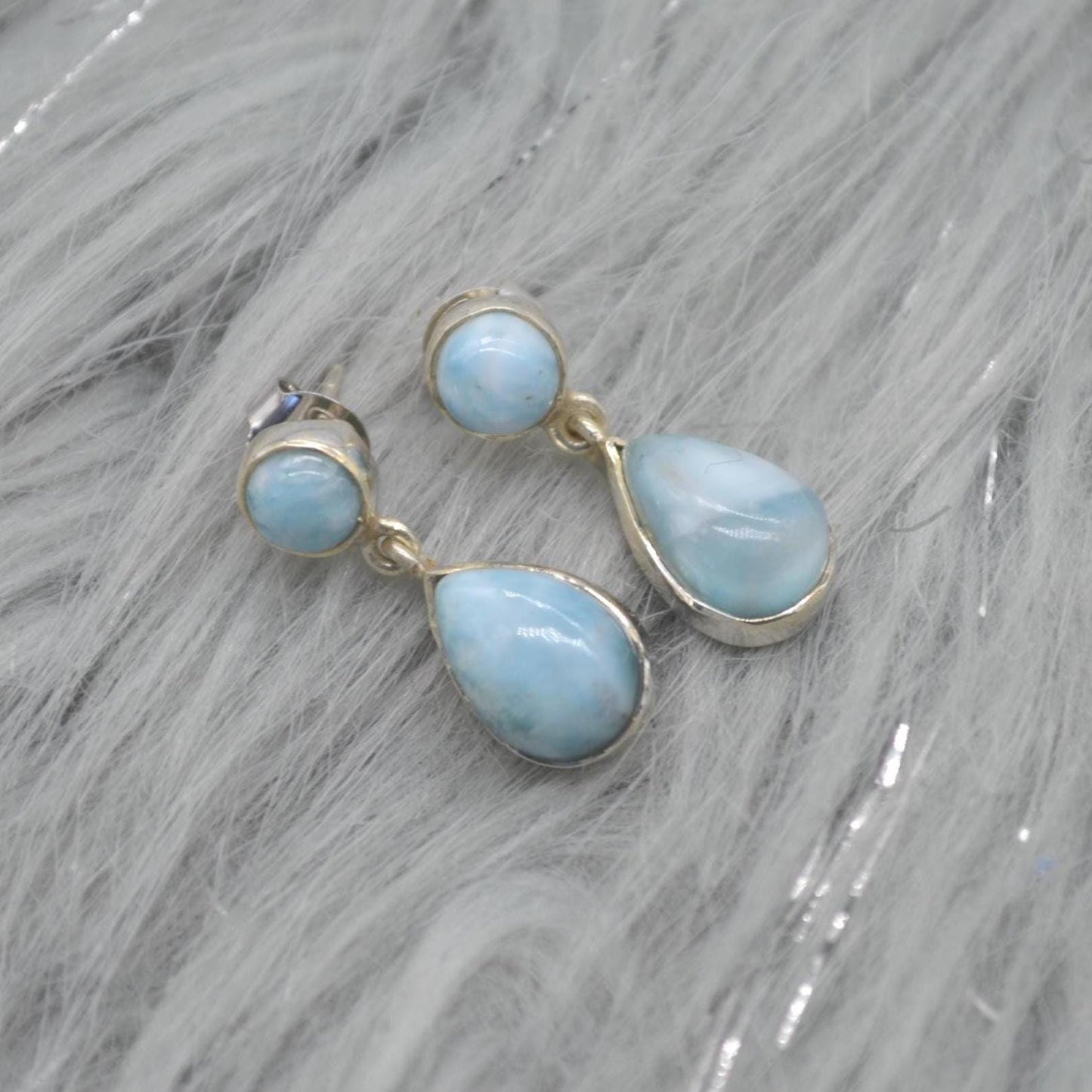 Larimar Earrings: Silver, Dangle Drop, Blue Gemstone Teardrop