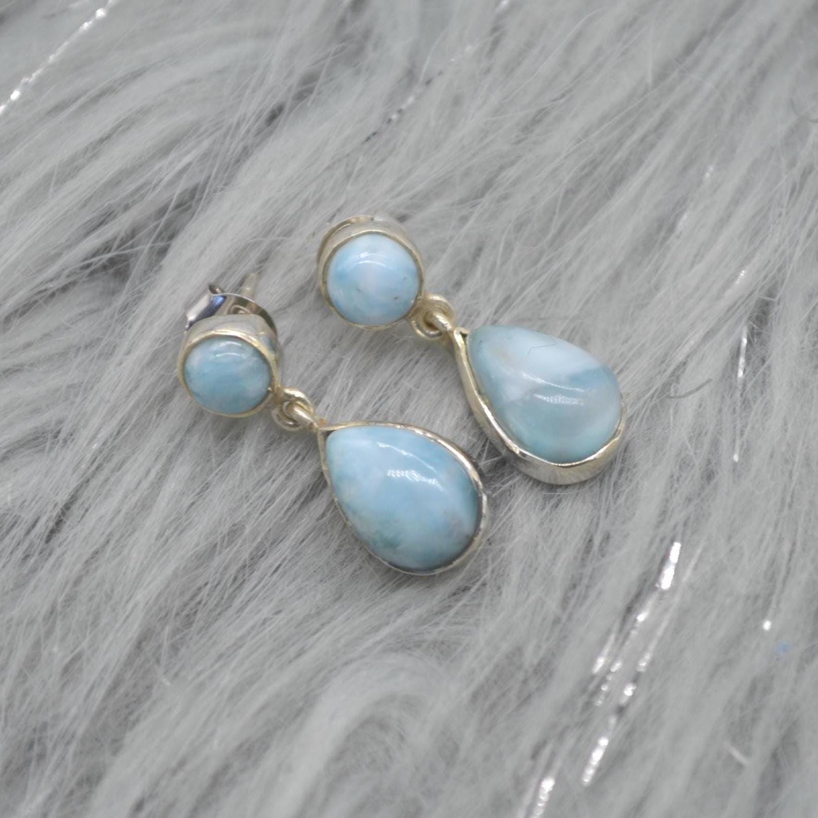 Larimar Earrings: Silver, Dangle Drop, Blue Gemstone Teardrop