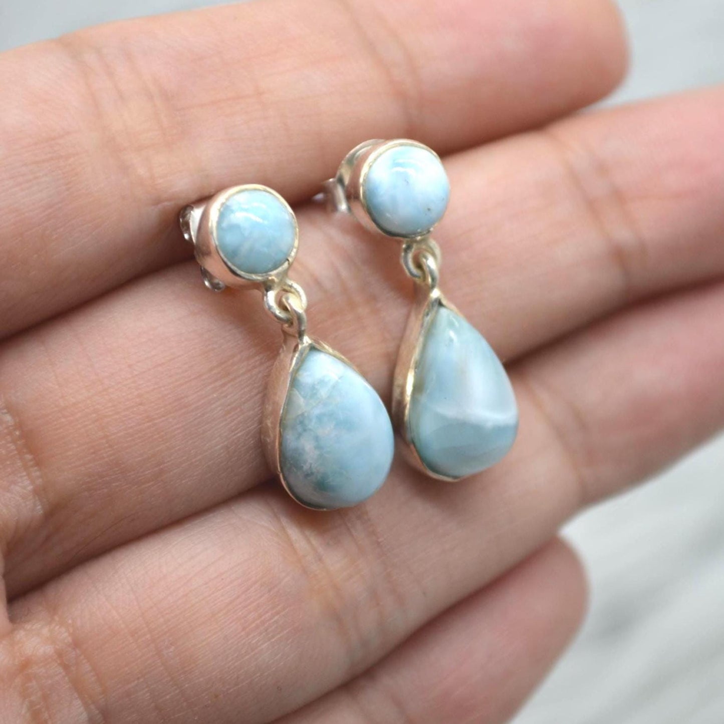 Larimar Earrings: Silver, Dangle Drop, Blue Gemstone Teardrop