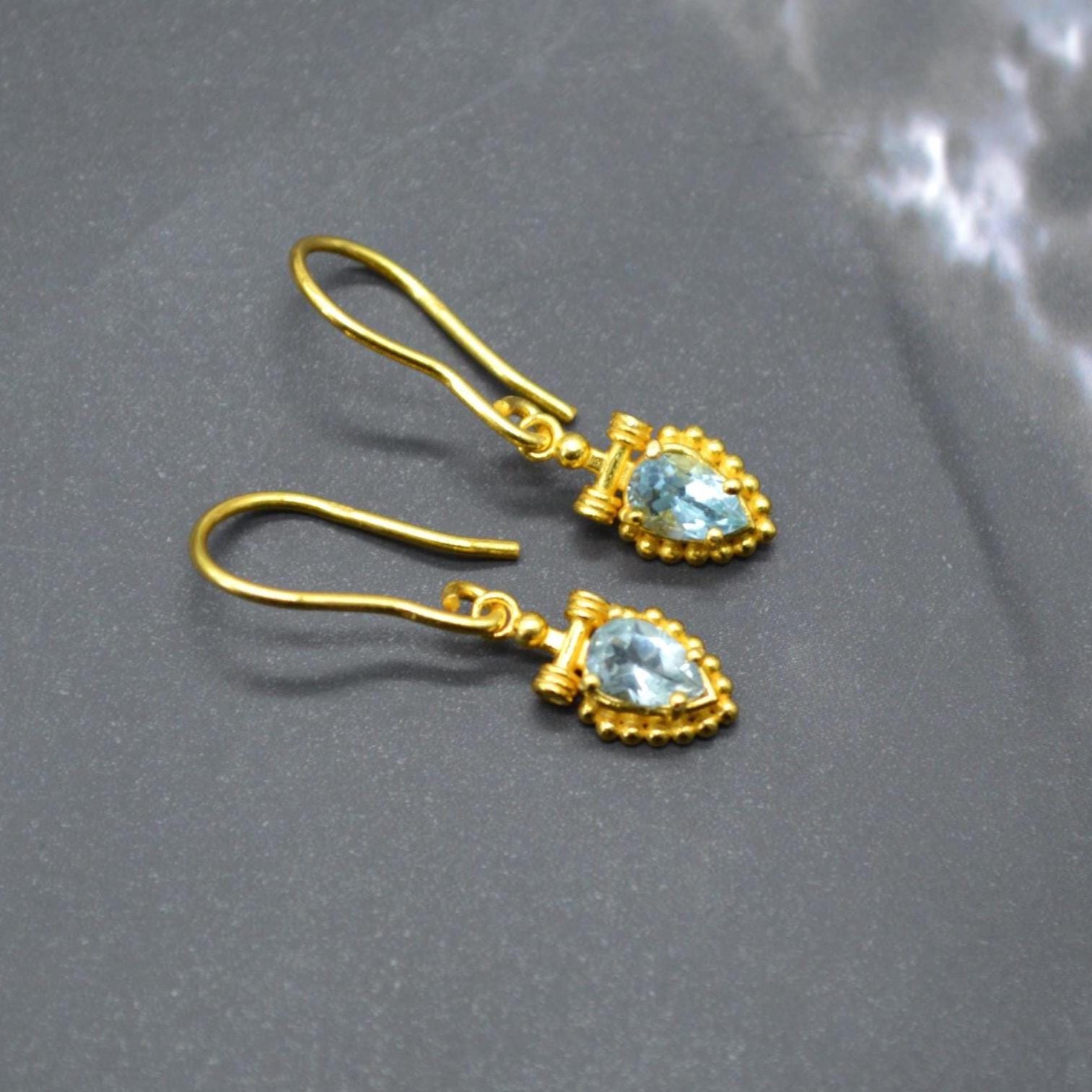 Blue Topaz Dangle Earrings: Silver or Gold, Floral Drops, December Birthstone