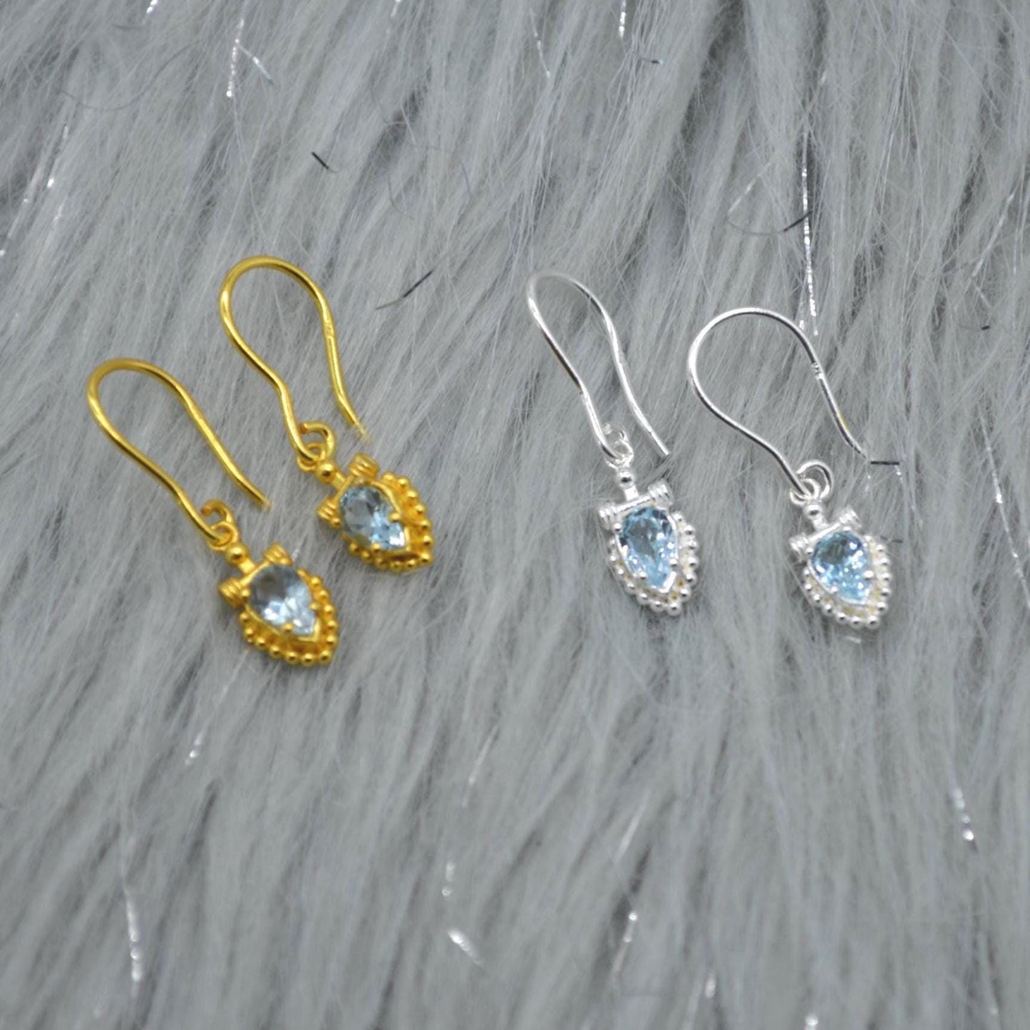 Blue Topaz Dangle Earrings: Silver or Gold, Floral Drops, December Birthstone