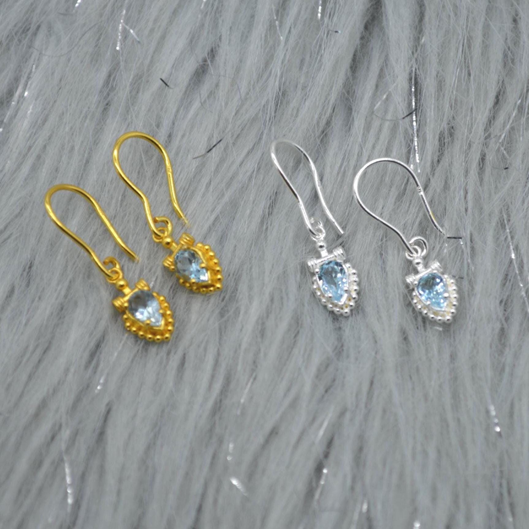 Blue Topaz Dangle Earrings: Silver or Gold, Floral Drops, December Birthstone