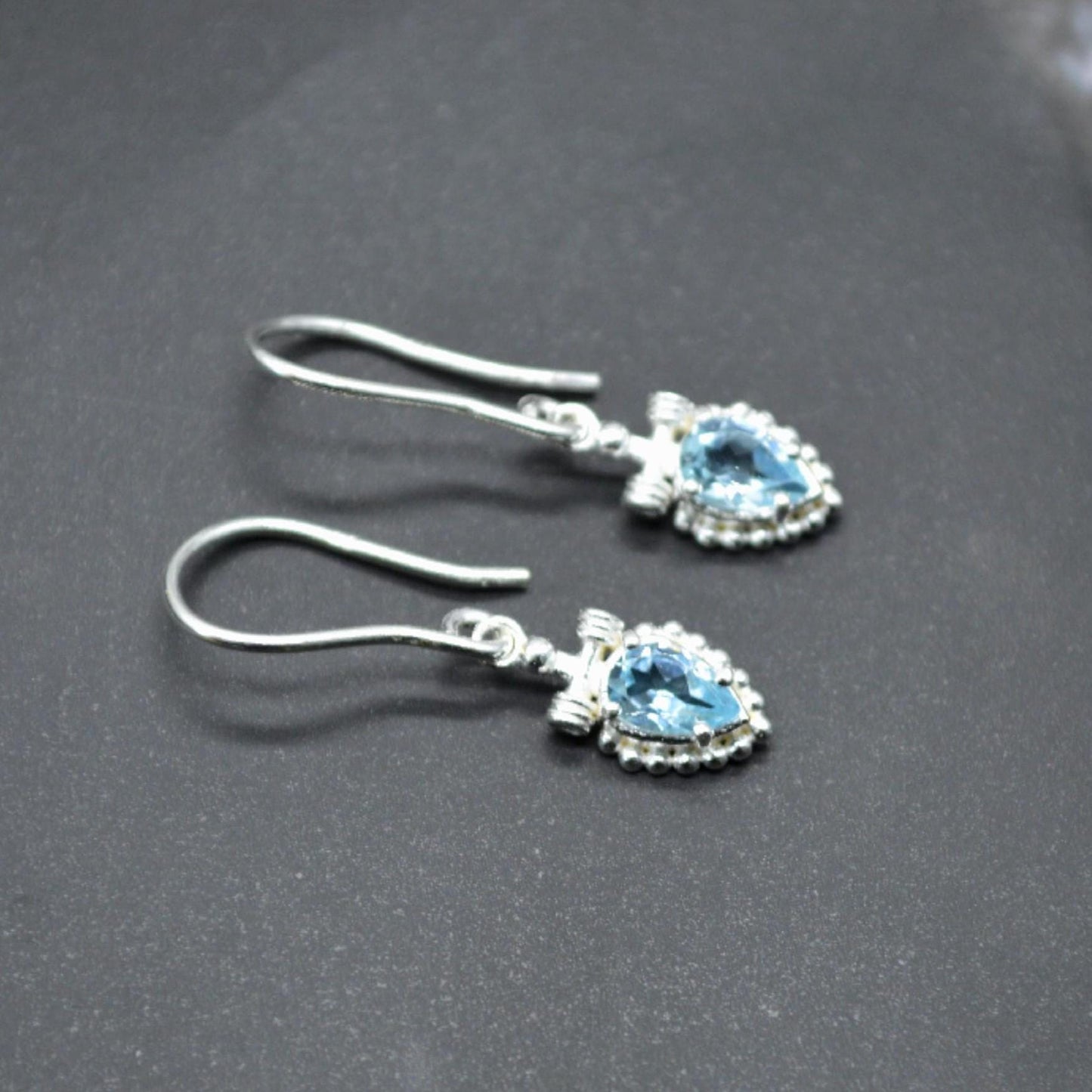 Blue Topaz Dangle Earrings: Silver or Gold, Floral Drops, December Birthstone