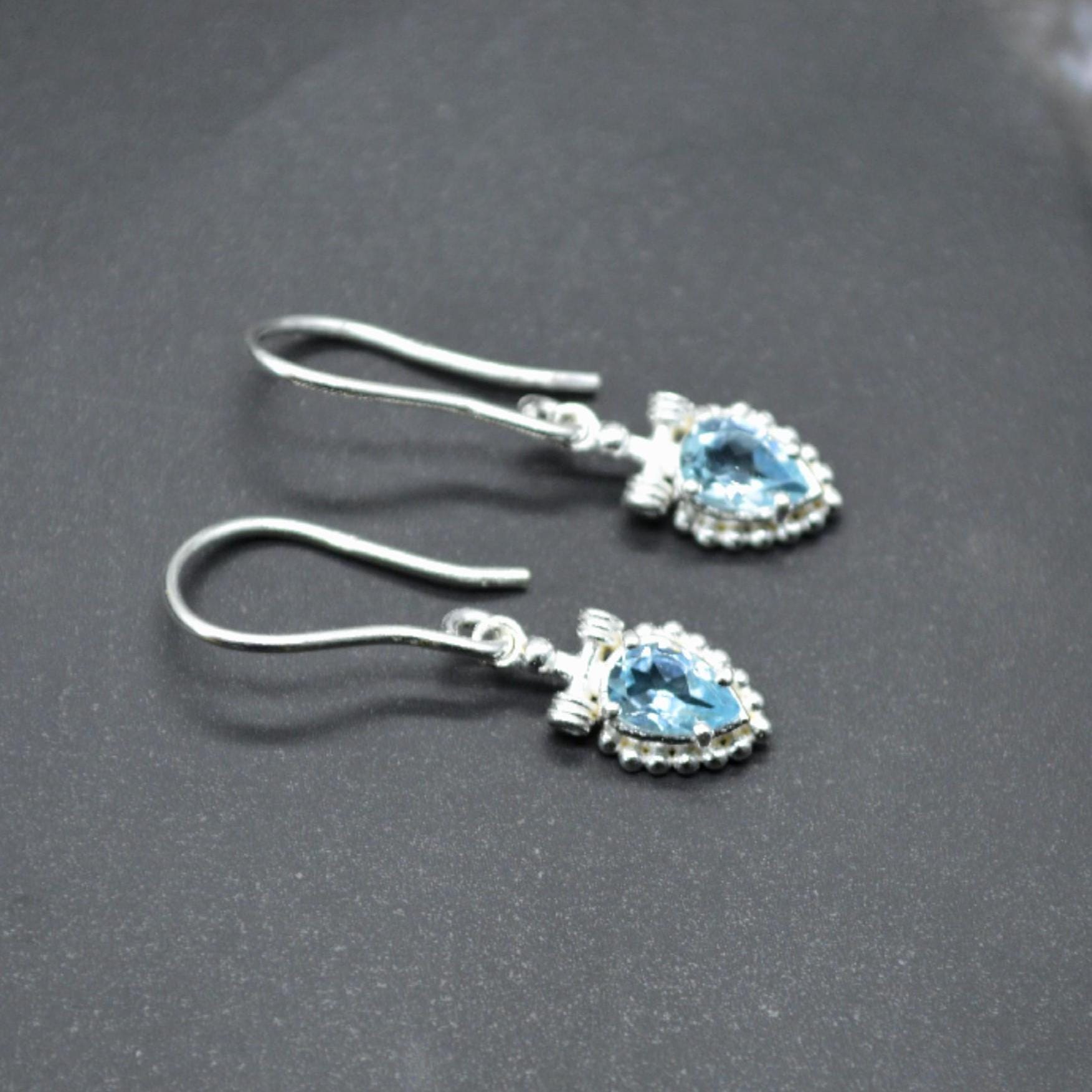 Blue Topaz Dangle Earrings: Silver or Gold, Floral Drops, December Birthstone