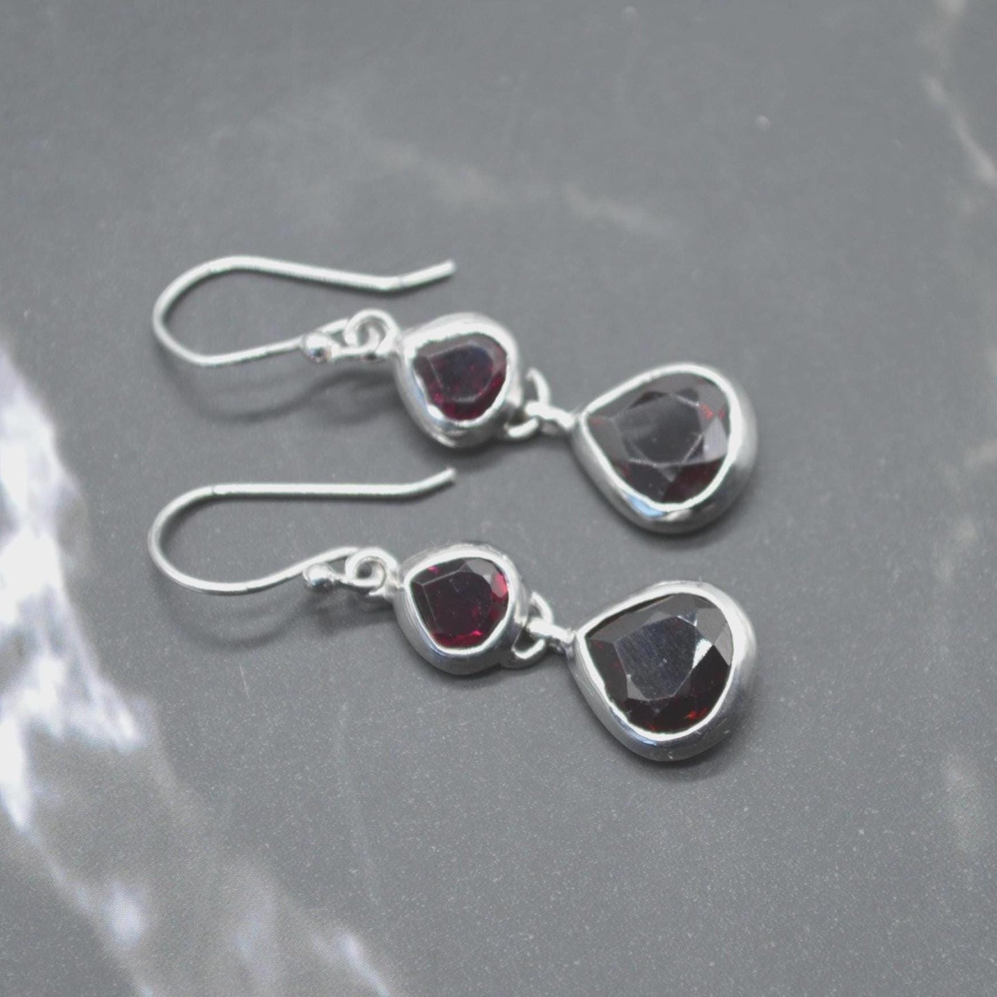 Red Garnet Earrings: Silver, Dangle Drop, January Birthstone Jewelry, Gemstone Teardrop