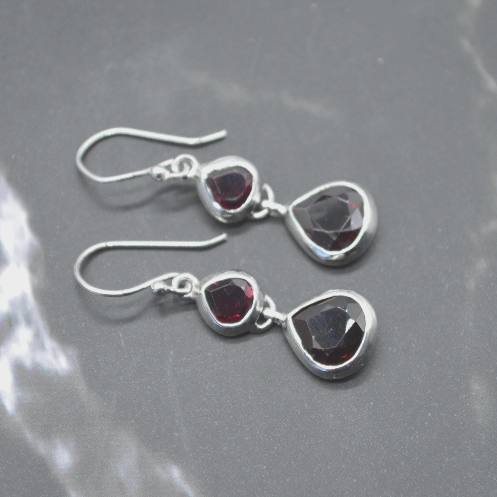 Red Garnet Earrings: Silver, Dangle Drop, January Birthstone Jewelry, Gemstone Teardrop