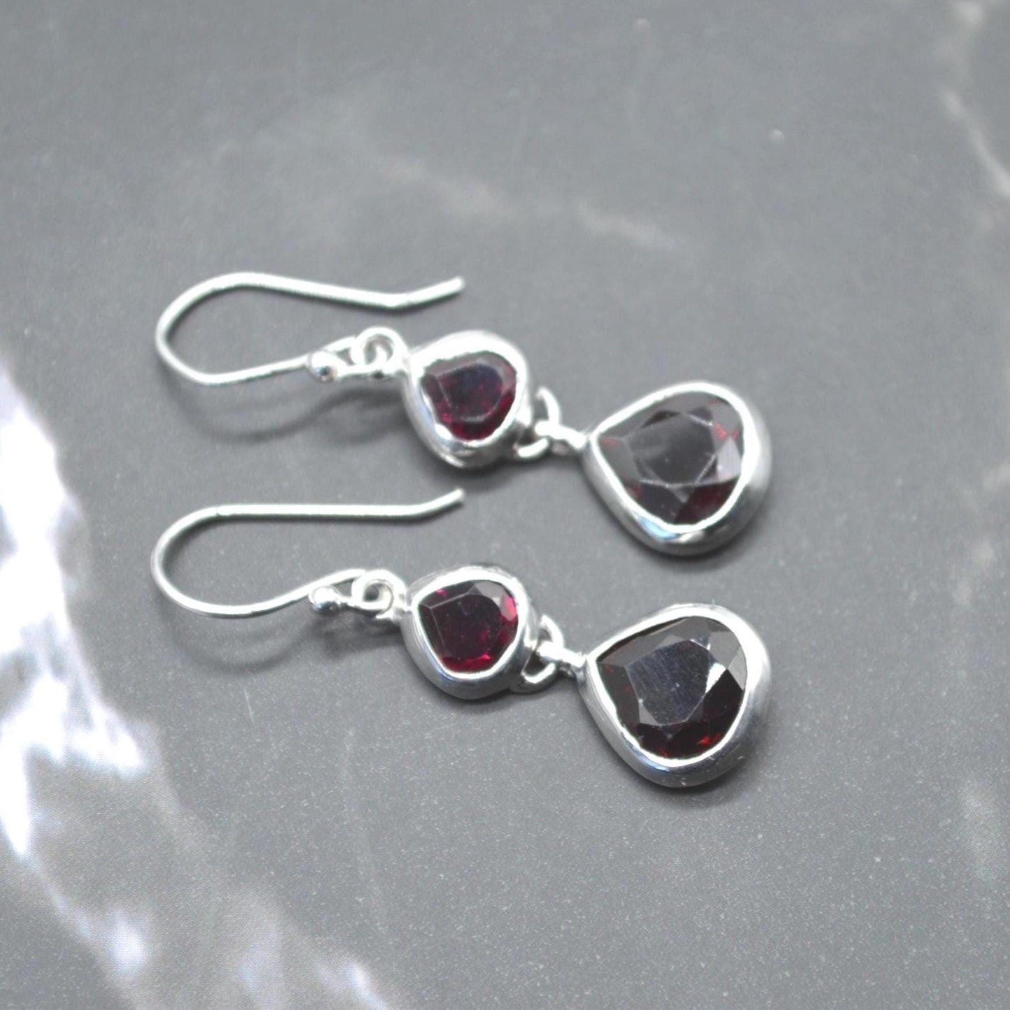 Red Garnet Earrings: Silver, Dangle Drop, January Birthstone Jewelry, Gemstone Teardrop