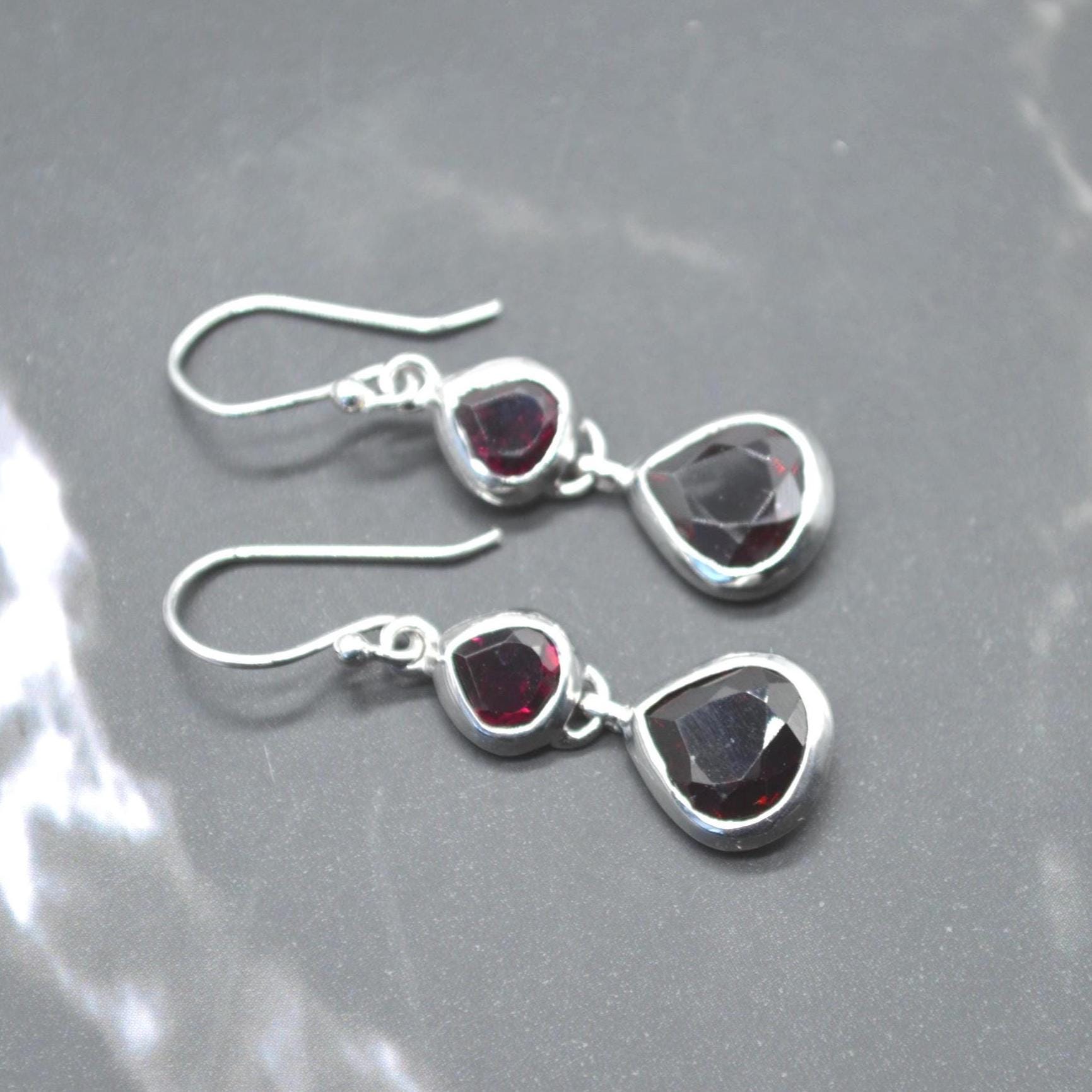 Red Garnet Earrings: Silver, Dangle Drop, January Birthstone Jewelry, Gemstone Teardrop
