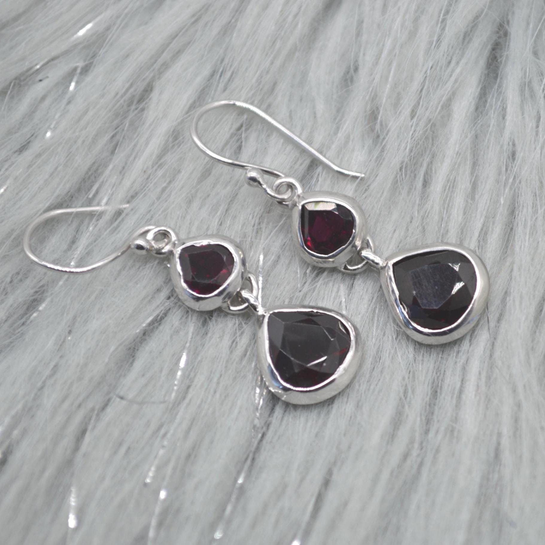 Red Garnet Earrings: Silver, Dangle Drop, January Birthstone Jewelry, Gemstone Teardrop