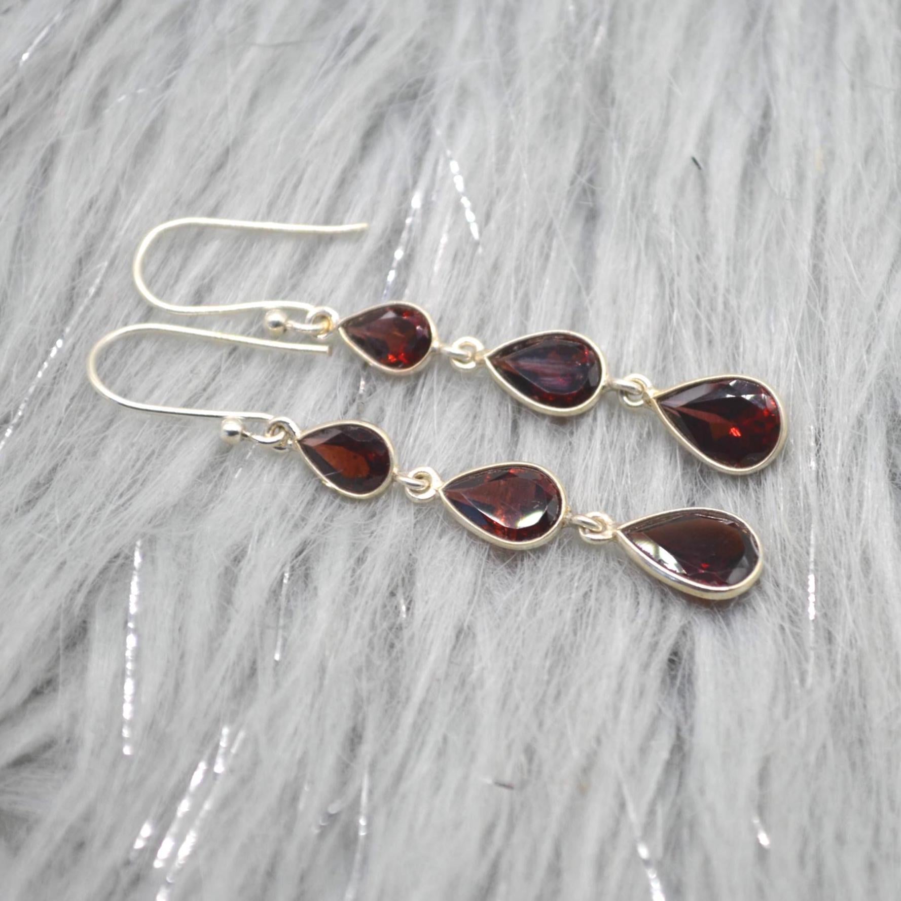 Red Garnet Teardrop Earrings: Silver, January Birthstone, Dangle Drop