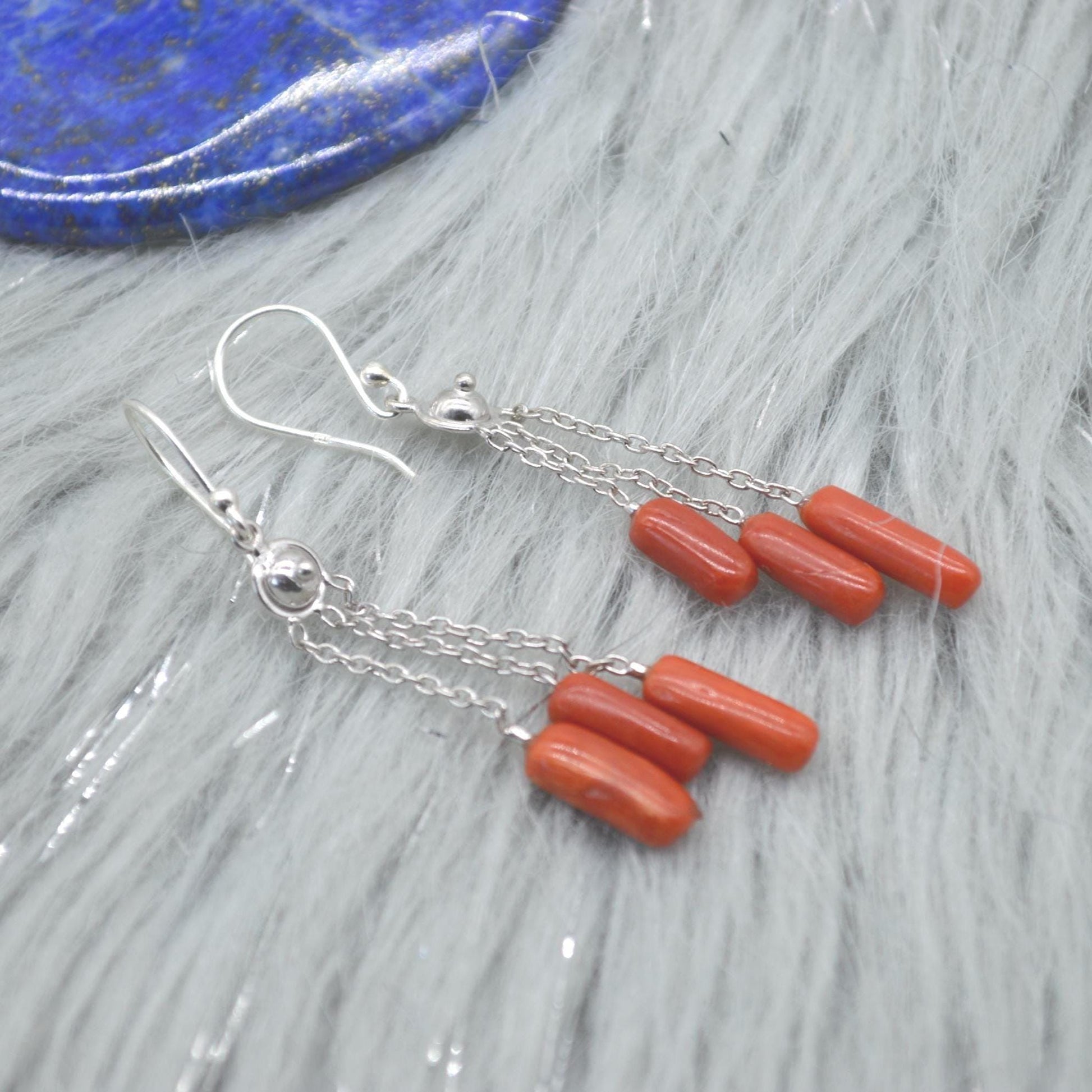 Red Coral Earrings: Sterling Silver, Dainty Dangle Drop, Red Gemstone Jewelry