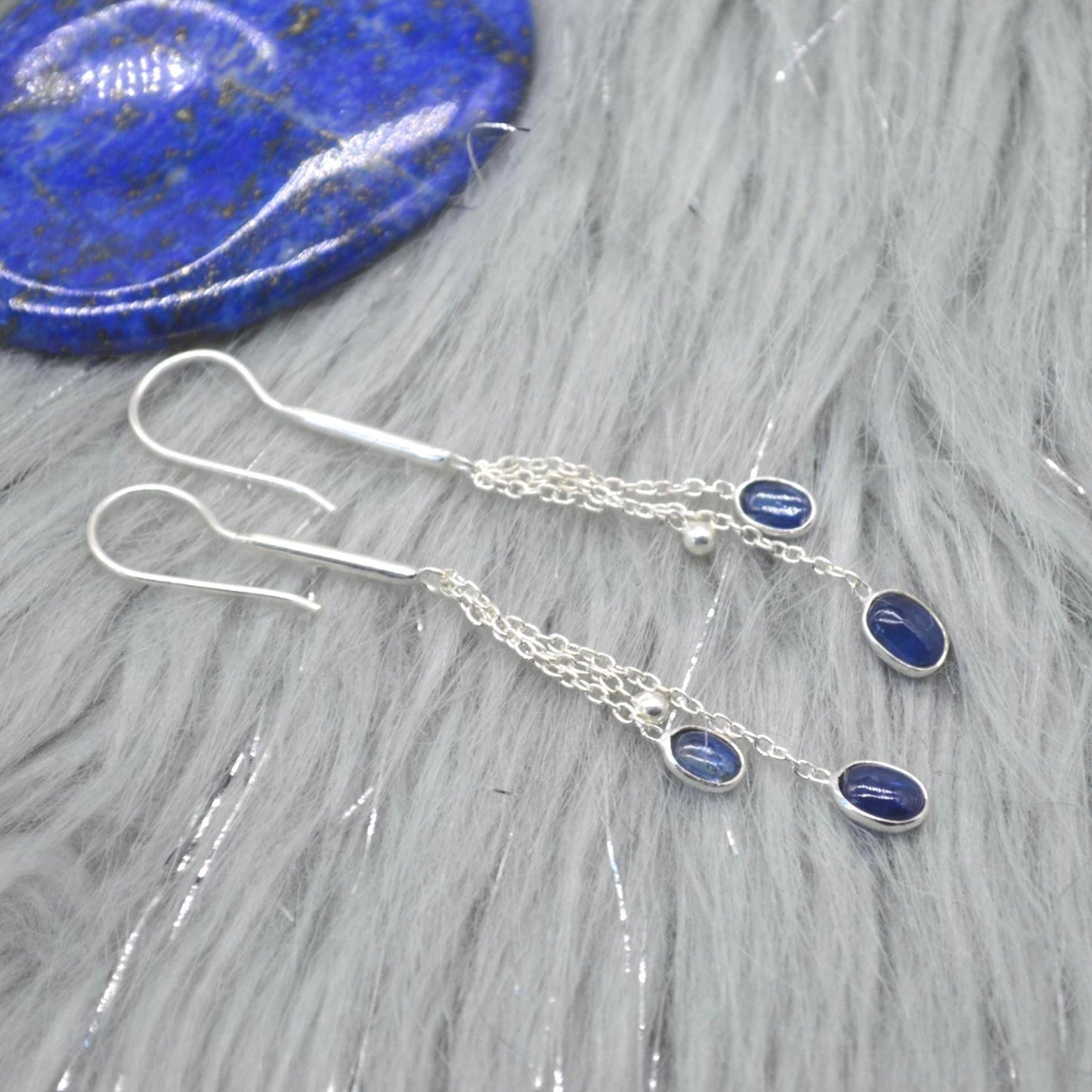 Long Kyanite Earrings: Silver, Dangle Drop, Blue Gemstone Jewelry