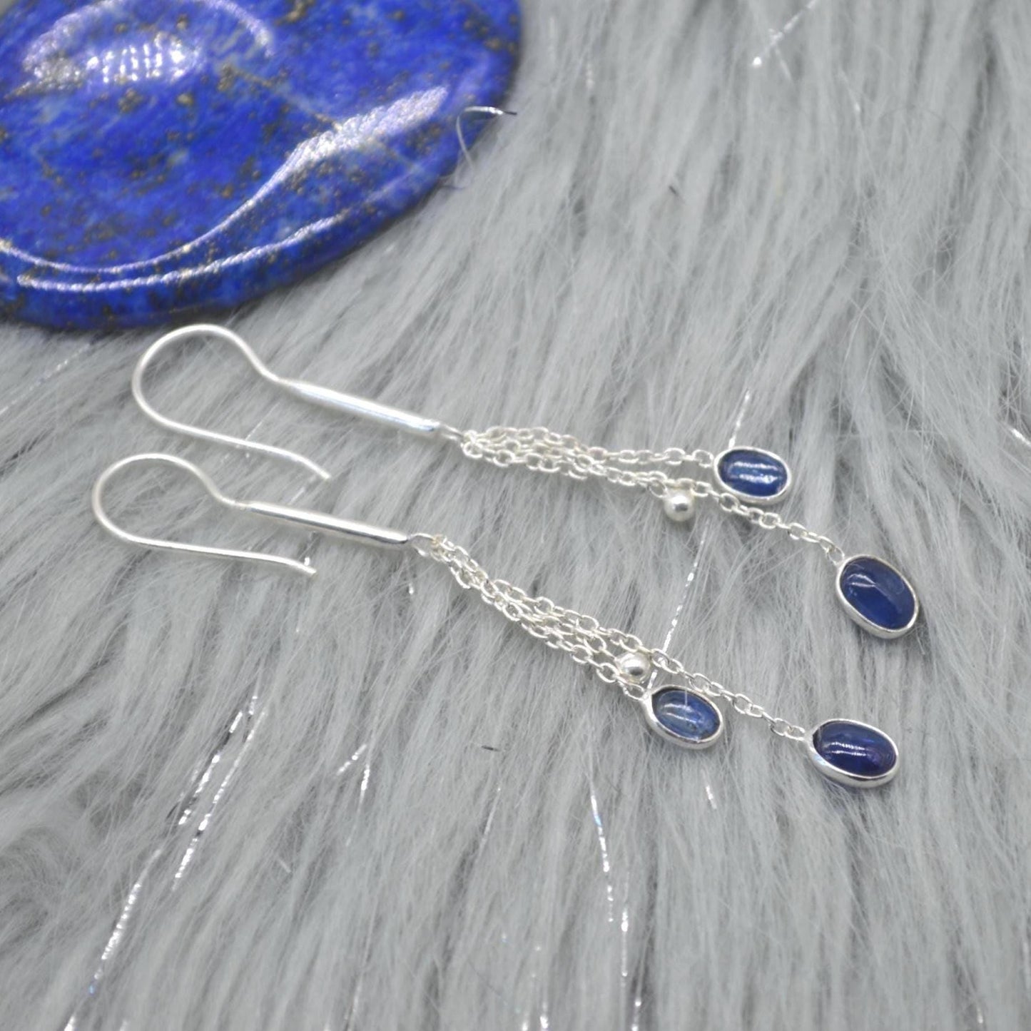 Long Kyanite Earrings: Silver, Dangle Drop, Blue Gemstone Jewelry