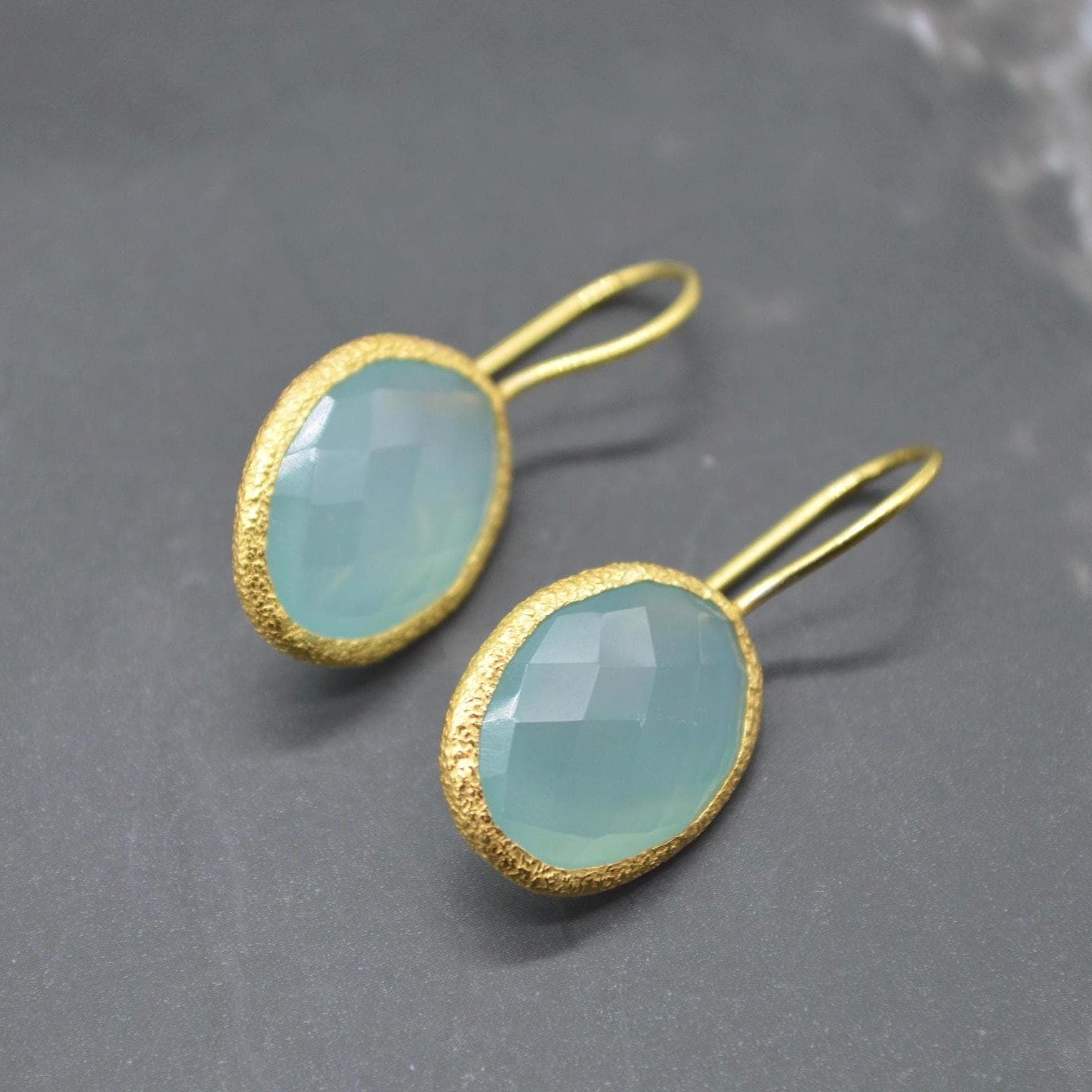 Aqua Chalcedony Gold Earrings: Dangle Drop, Sterling Silver, Oval Blue Gemstone Jewelry
